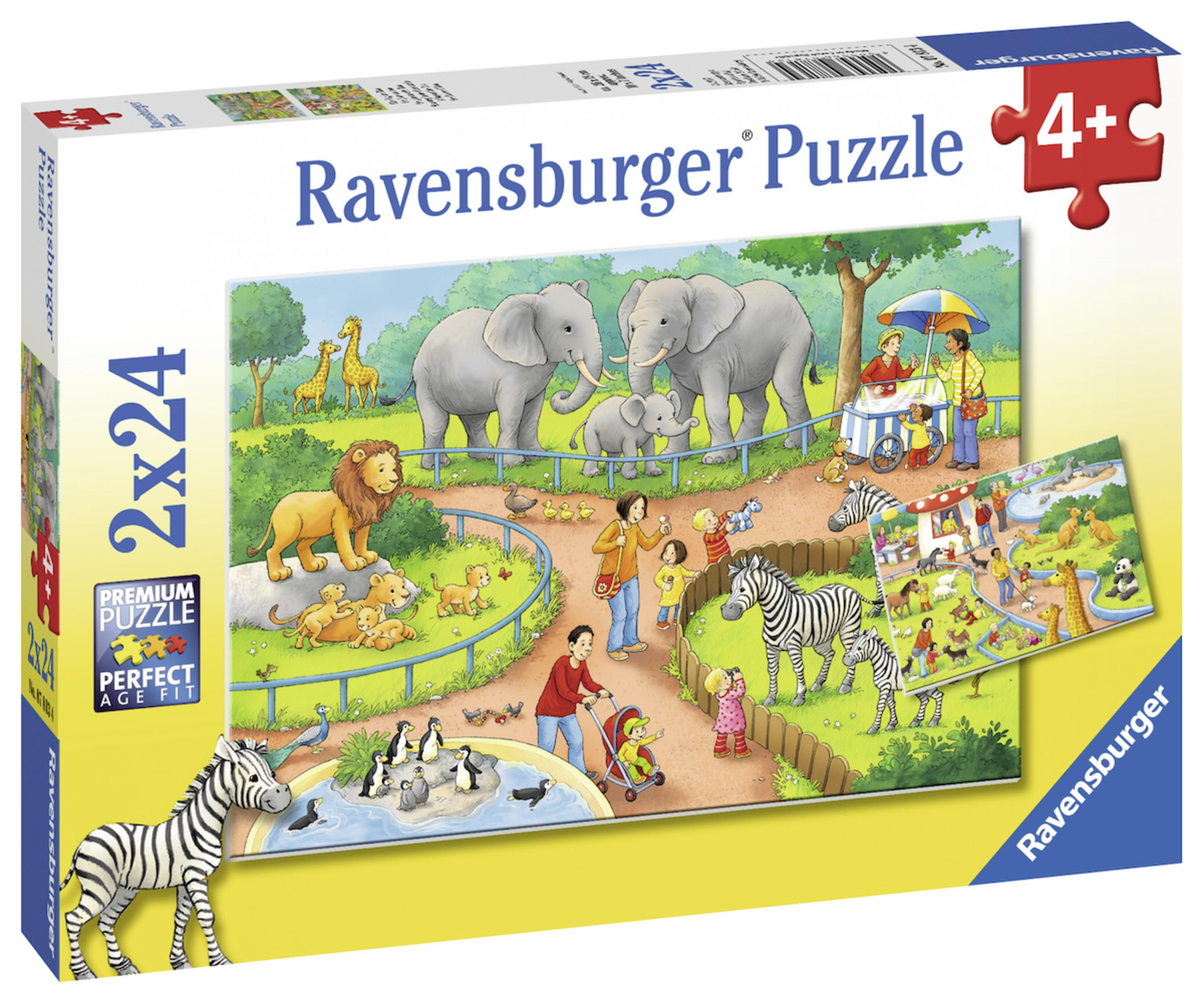 Puzzledose mit Zoo-Szene, mit Elefanten, Zebras und anderen Tieren. Die Box zeigt auch das Puzzlebild.