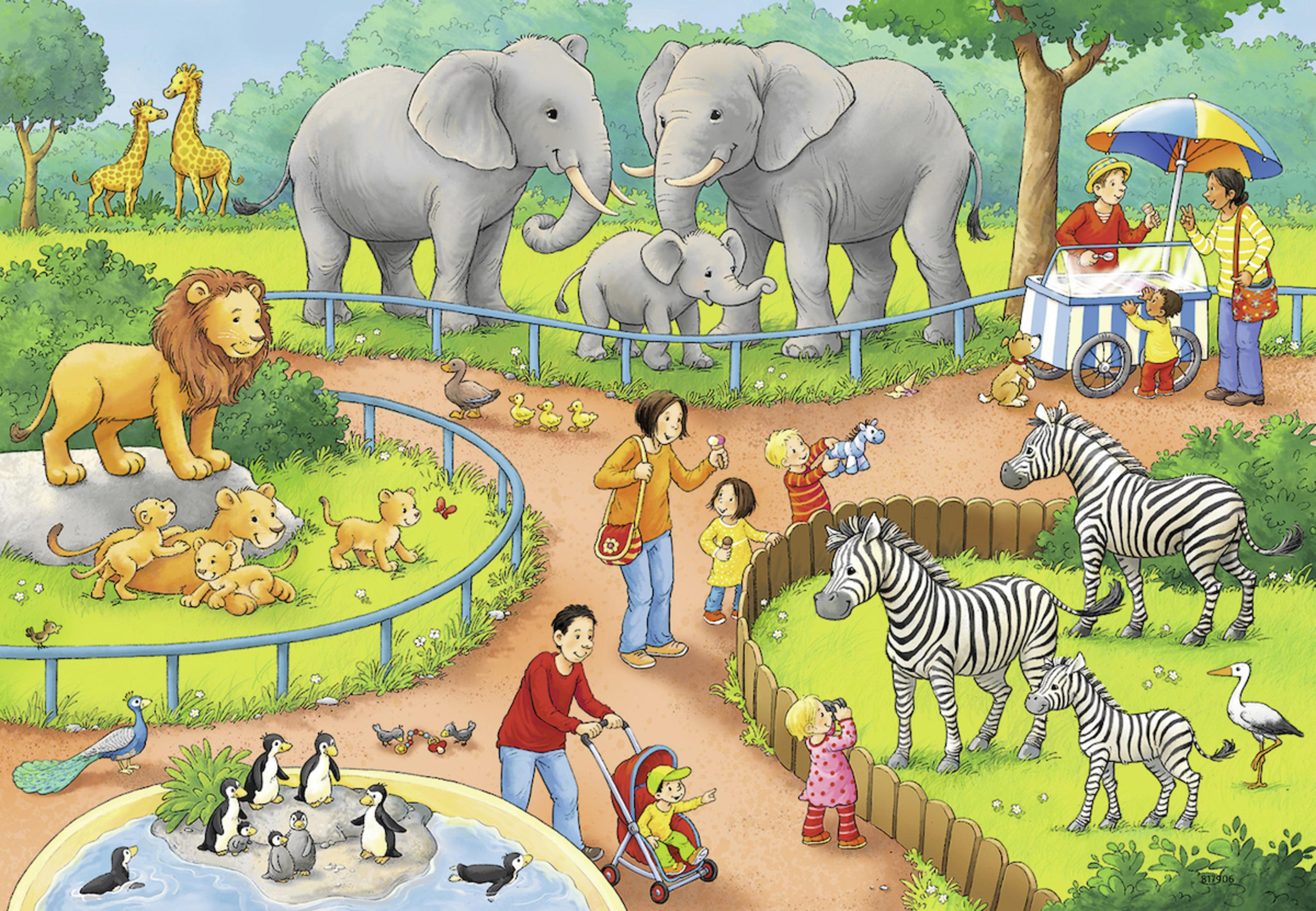 Cartoon-Illustration eines Zoos mit Tieren und Menschen. Elefanten, Zebras, ein Löwe und Kinder sind sichtbar.