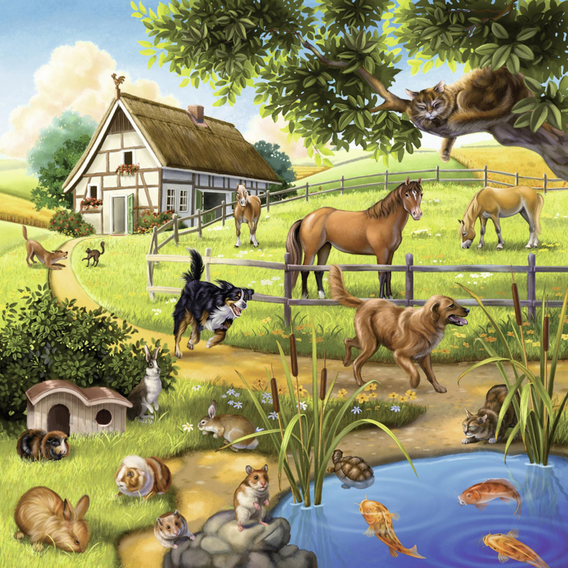 Illustrazione di una scena di fattoria con animali e casa.
