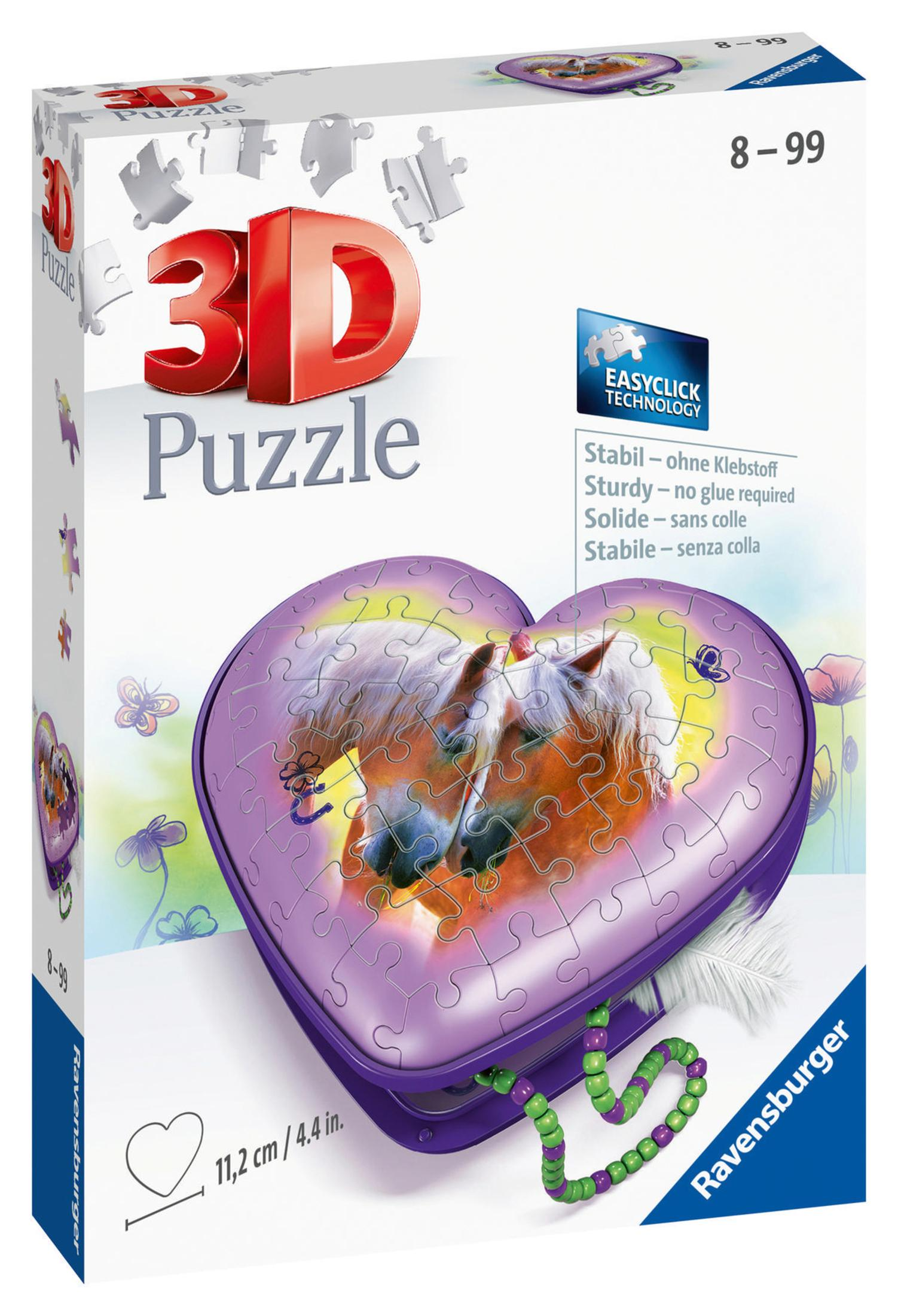 Puzzle a cuore 3D con due cavalli, custodia viola.