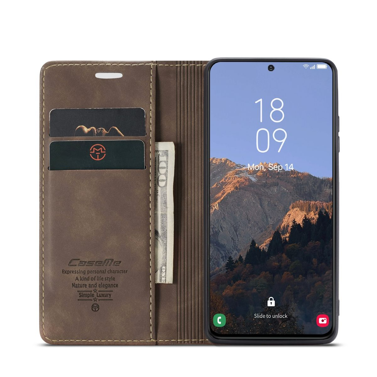 Geöffnete braune Handyhülle mit einem Telefon. Im Inneren sind Karten und Geld sichtbar.