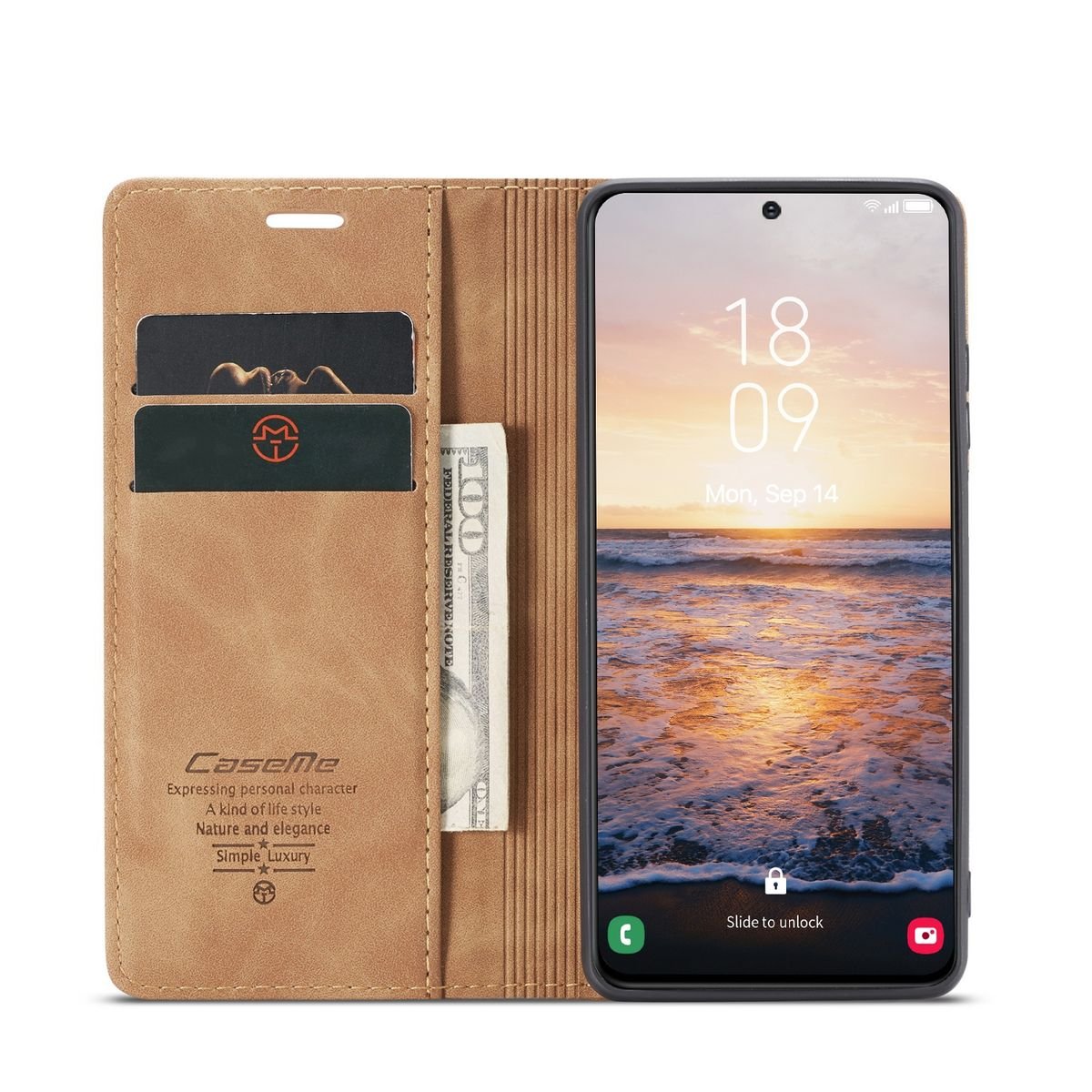 Ein Telefon in einer braunen Lederhülle im Brieftaschen-Design mit offenem Bildschirm.