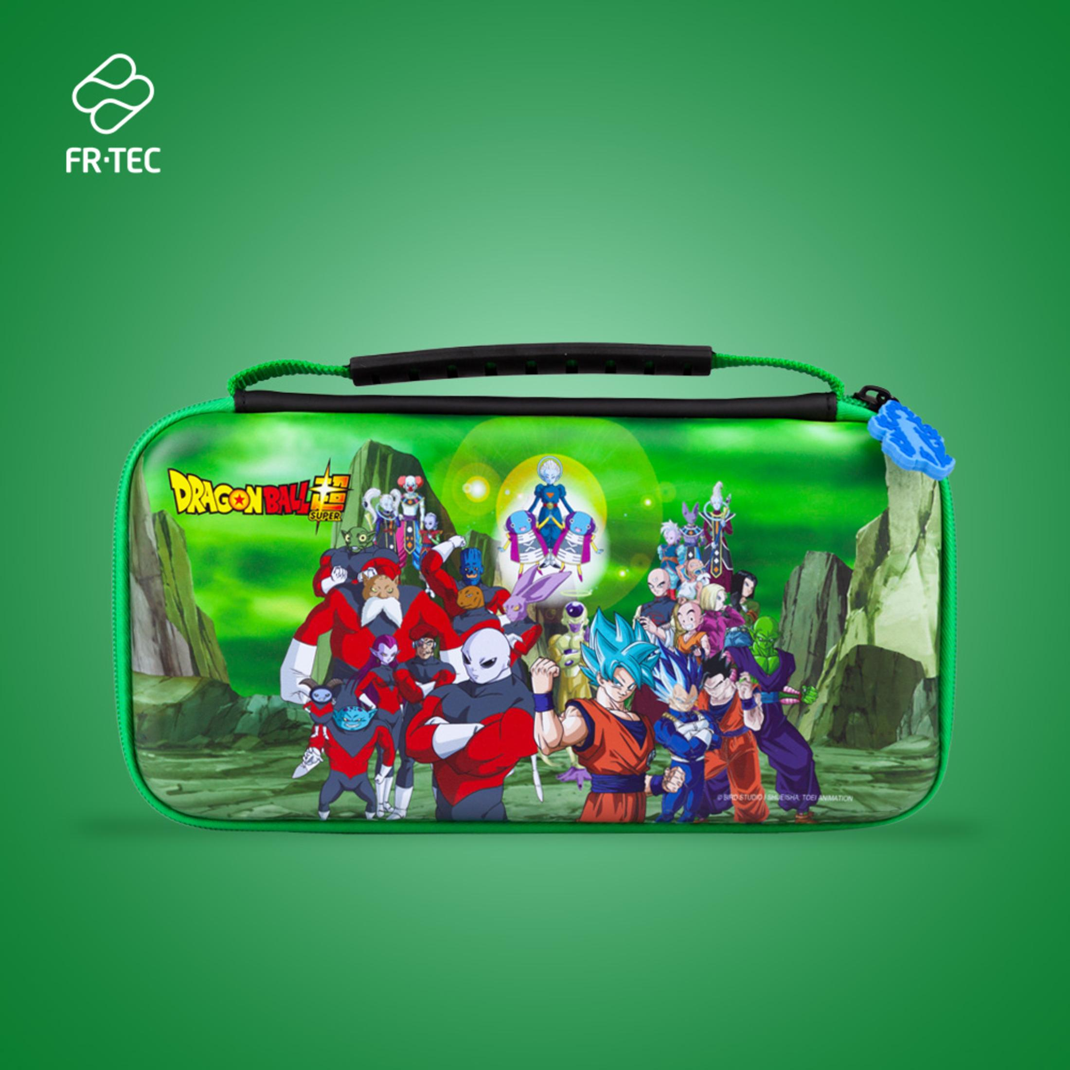Una custodia verde con personaggi di Dragon Ball. Uno sfondo verde con il logo FR-TEC.