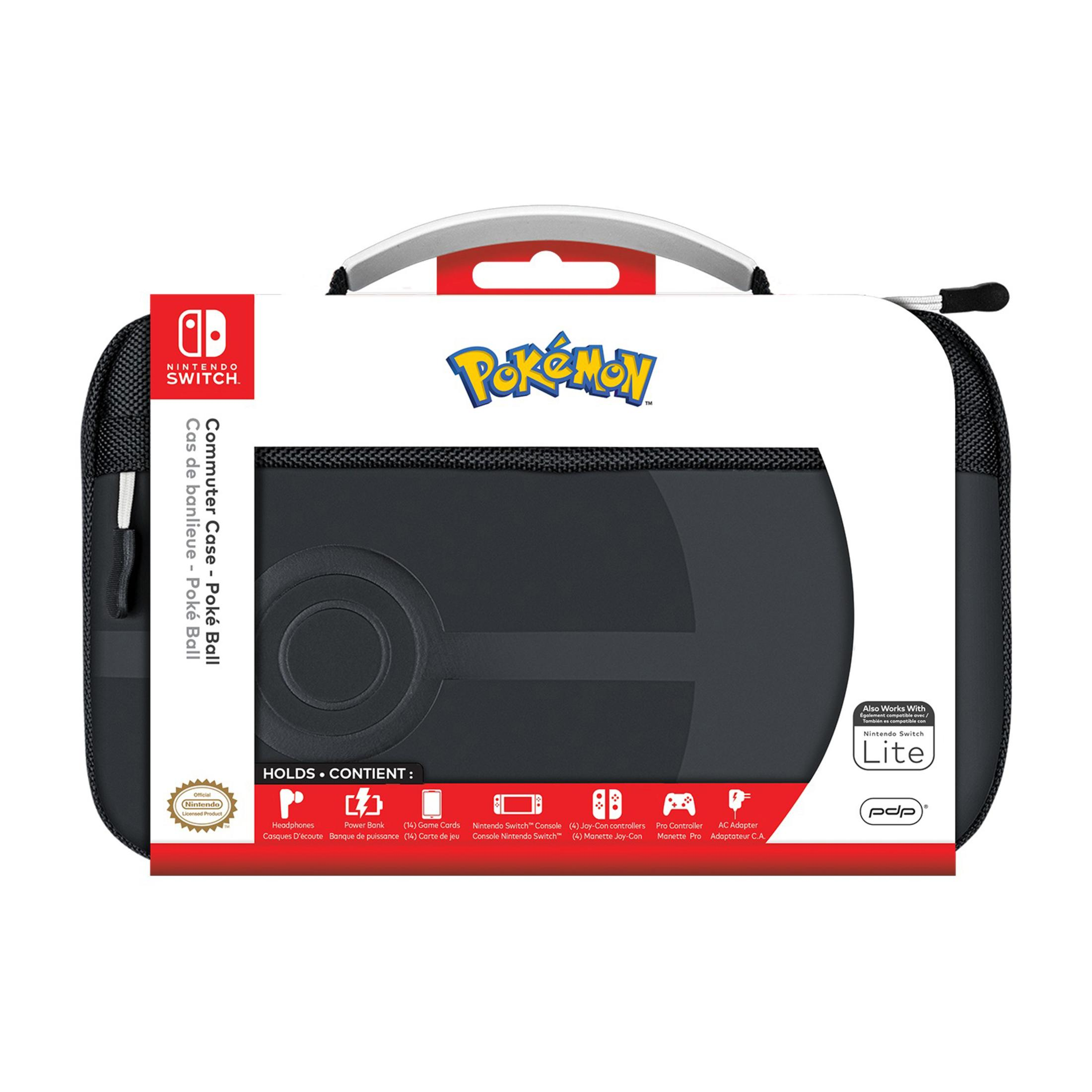 Czarno-białe etui Nintendo Switch z logo Pokémon, z tekstem i ikonami.