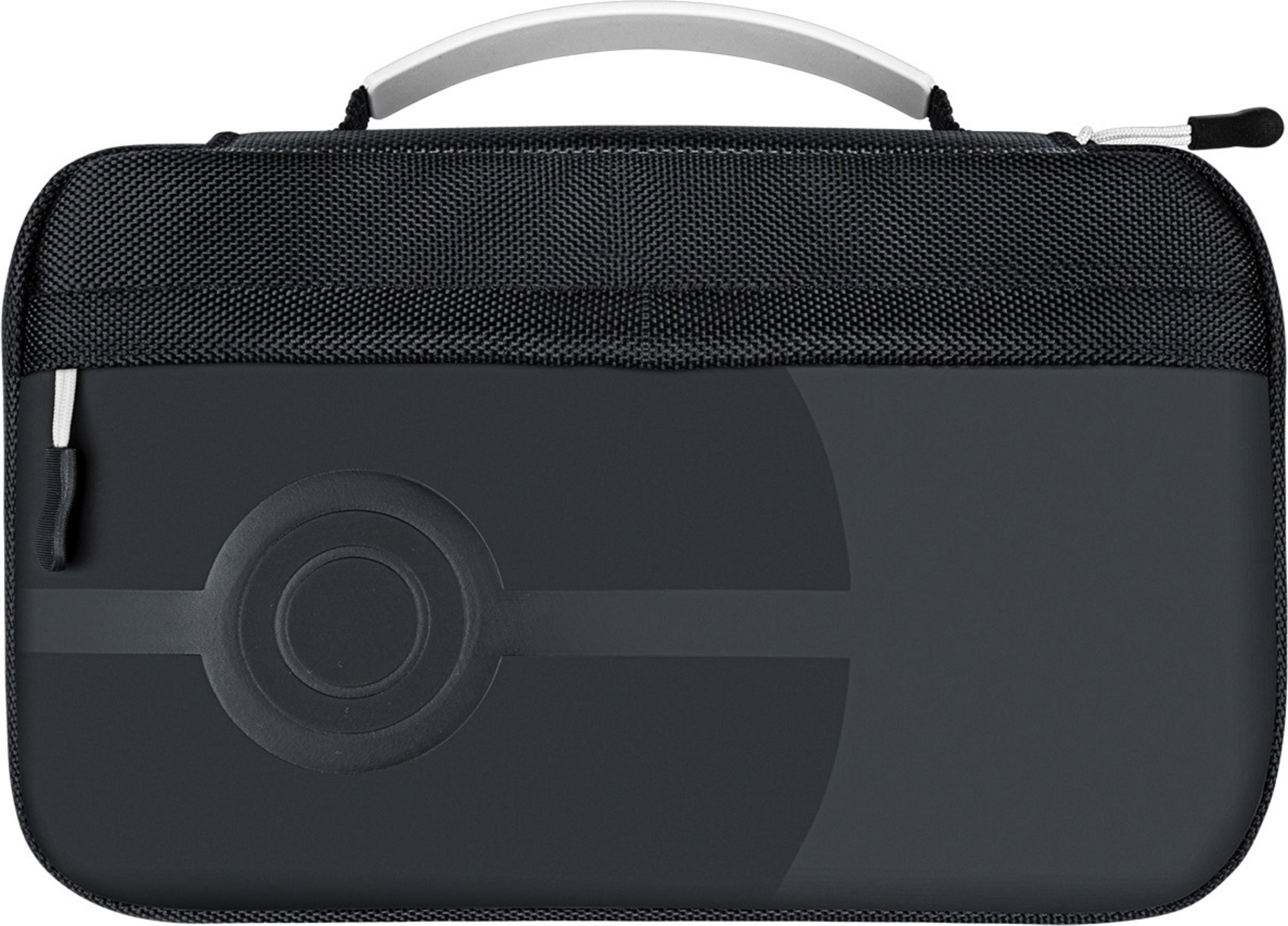 Czarna torba z motywem Poké Ball. Uchwyt, zamek błyskawiczny na białym tle.