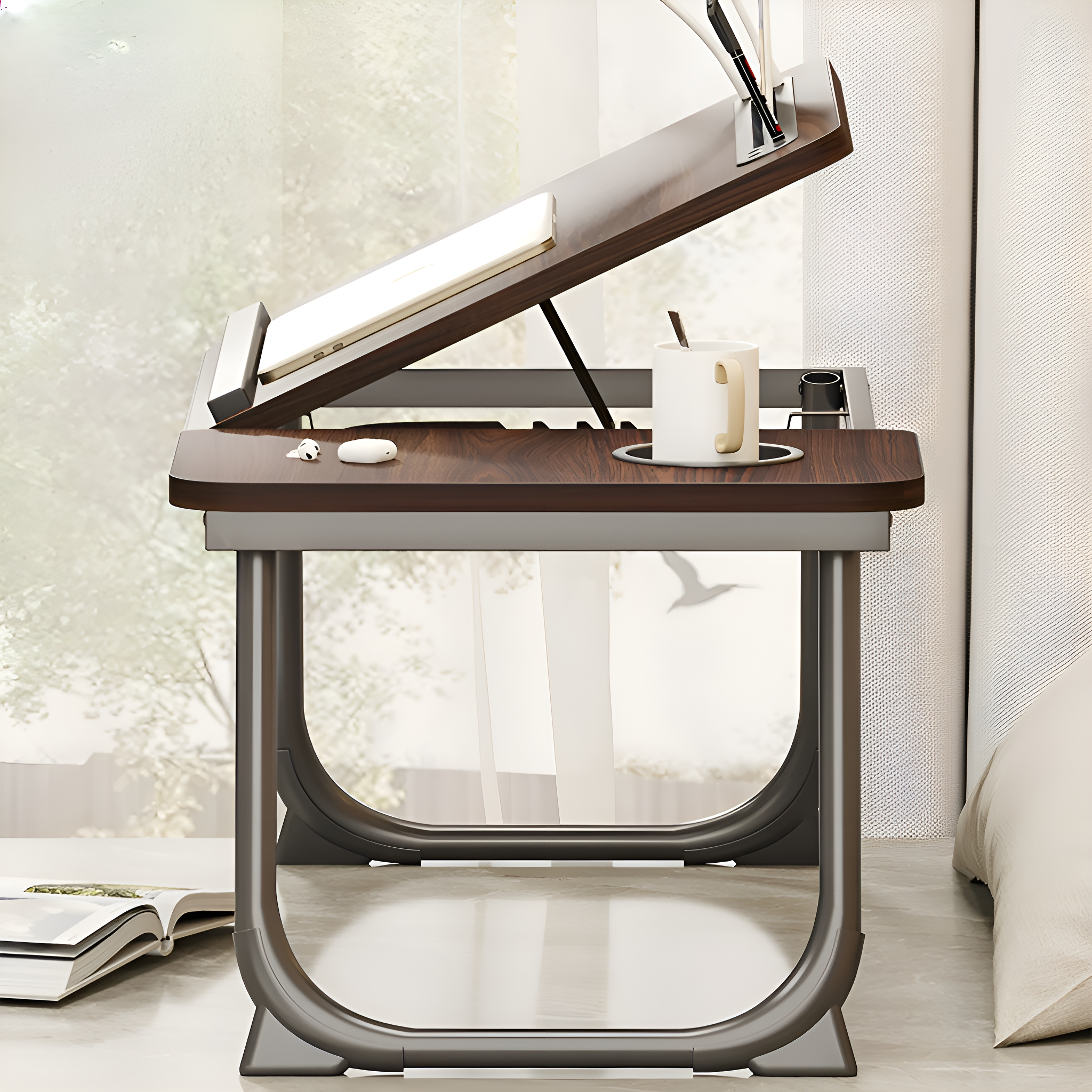 Ein kleiner, verstellbarer Schreibtisch mit geneigter Oberfläche, Tasse und Laptop. Fenster und Bett im Hintergrund.