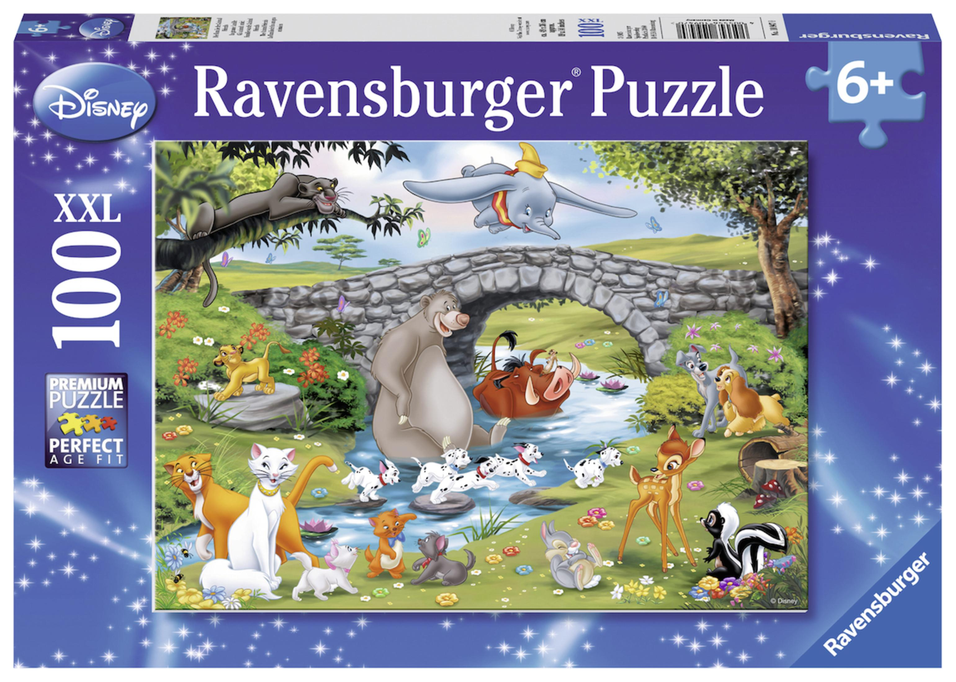 Puzzle Disney Ravensburger. Puzzle przedstawia kilka postaci z kreskówek w żywej scenerii natury.