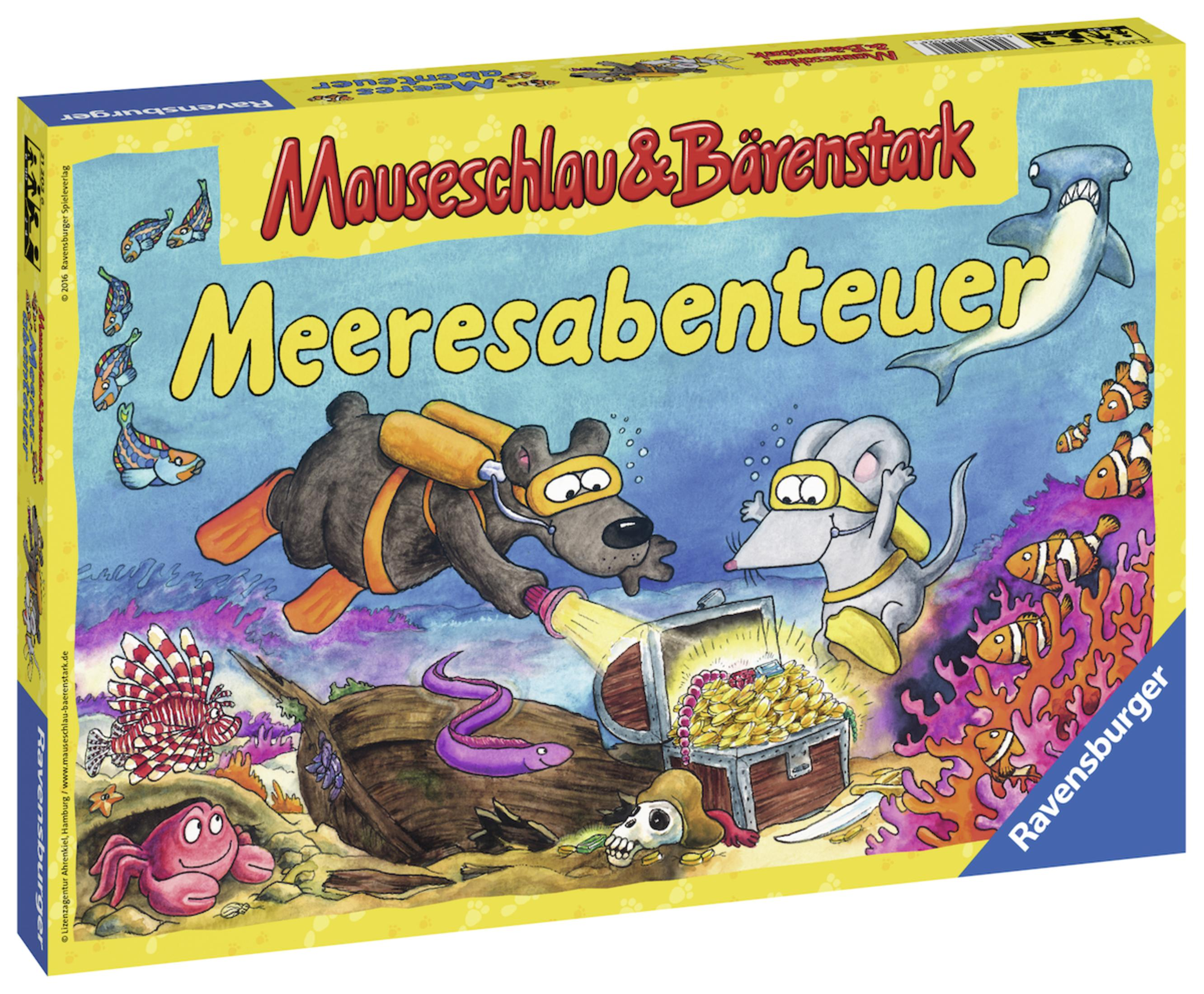 Spielbox mit Cartoon-Bär und Maus, die nach Schätzen tauchen.