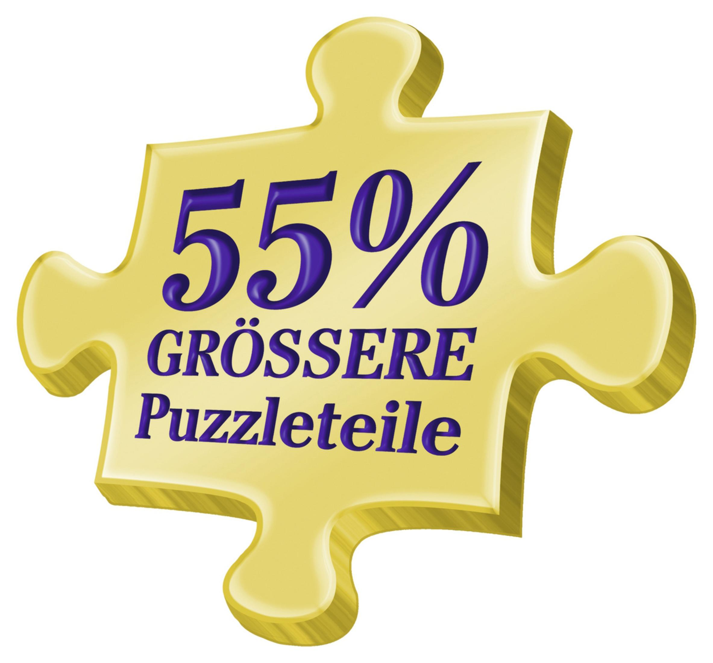 Gelbes Puzzleteil mit '55%' und 'GRÖSSERE Puzzleteile'. Dunkelblauer Text auf gelbem Hintergrund.