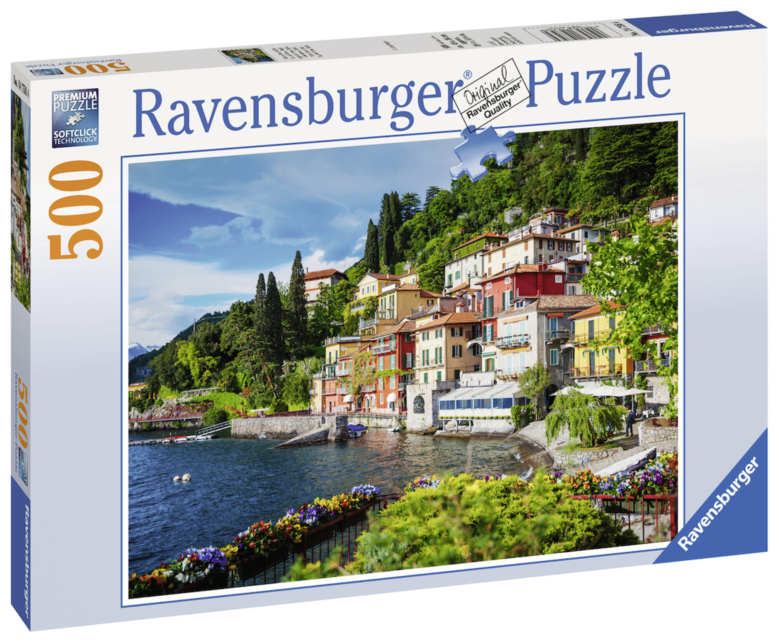Puzzledose mit einer Seeszene, bunten Gebäuden und grünen Hügeln.