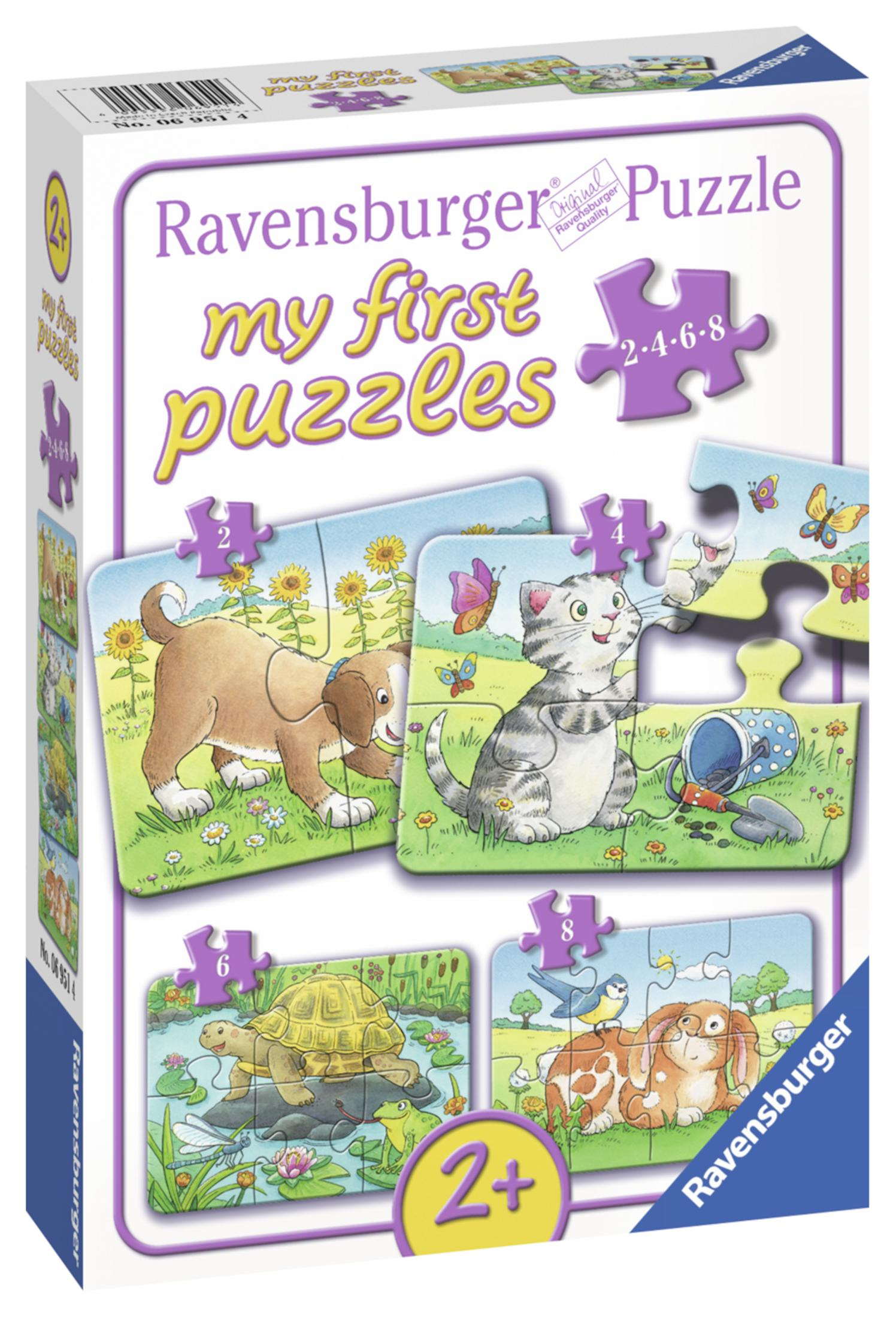 Scatola di puzzle con illustrazioni colorate di animali e pezzi di puzzle.