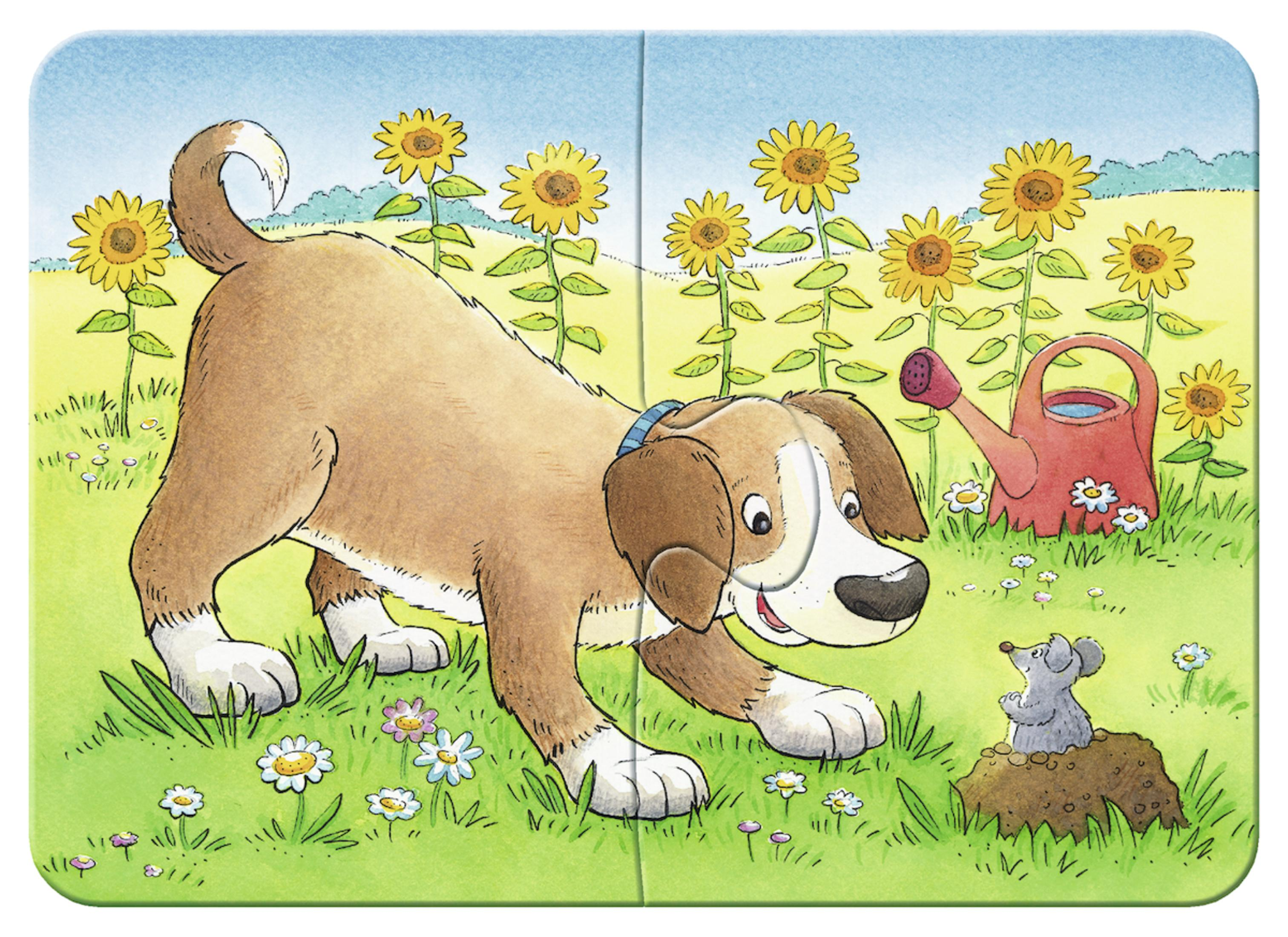 Un cane dei cartoni animati che guarda una talpa vicino a un campo di girasoli. È presente anche un annaffiatoio.