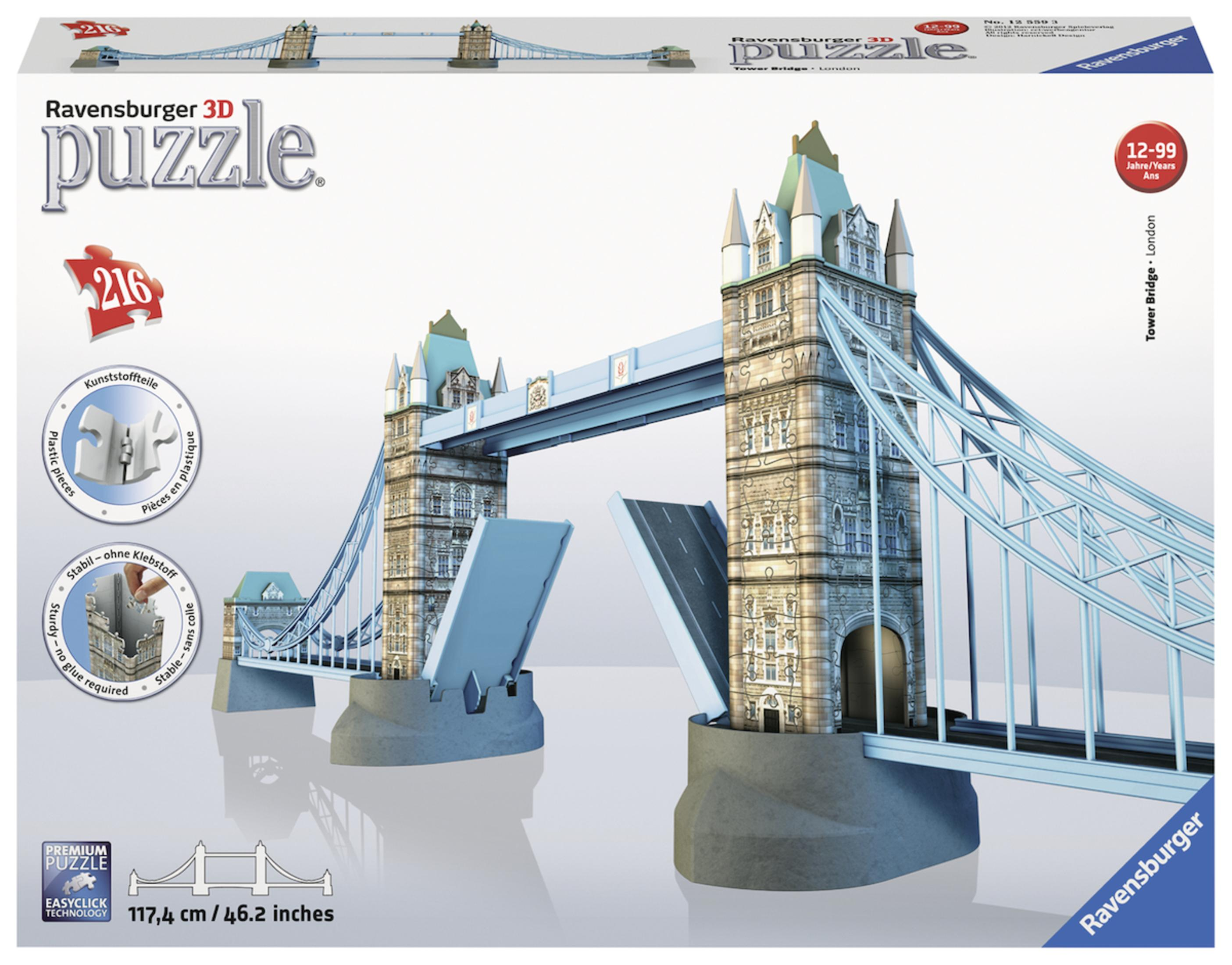 Puzzle 3D Tower Bridge. Puzzle jest pokazany ze swoim pudełkiem.