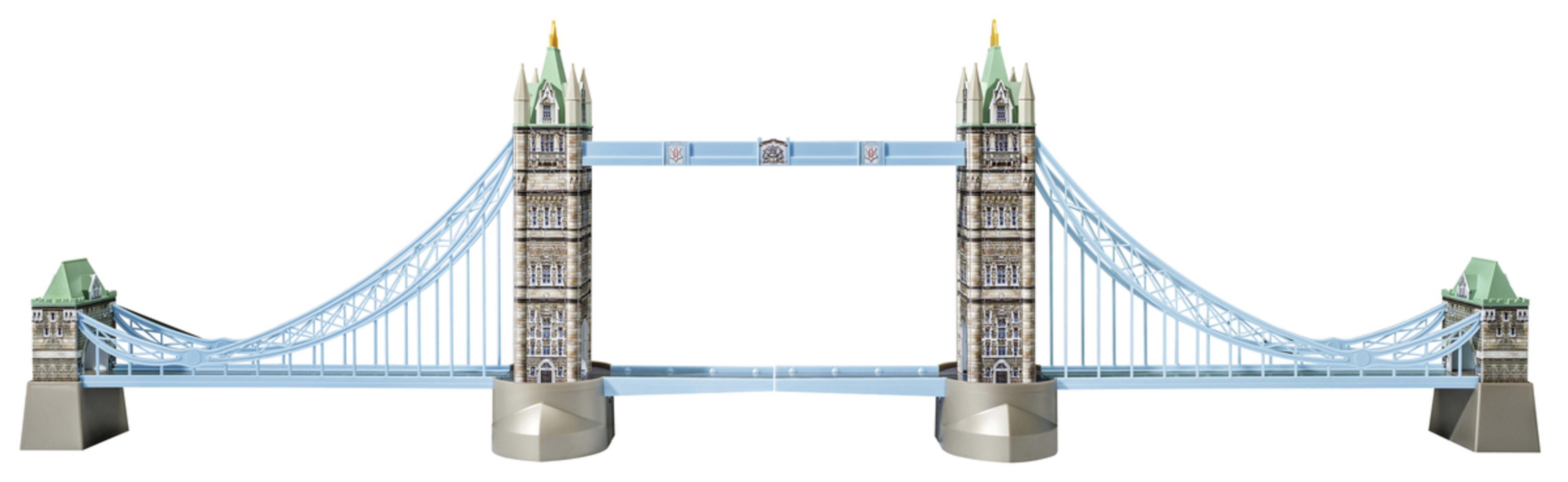 Most Tower Bridge w Londynie, z niebieskimi i beżowymi wieżami i kablami na białym tle.