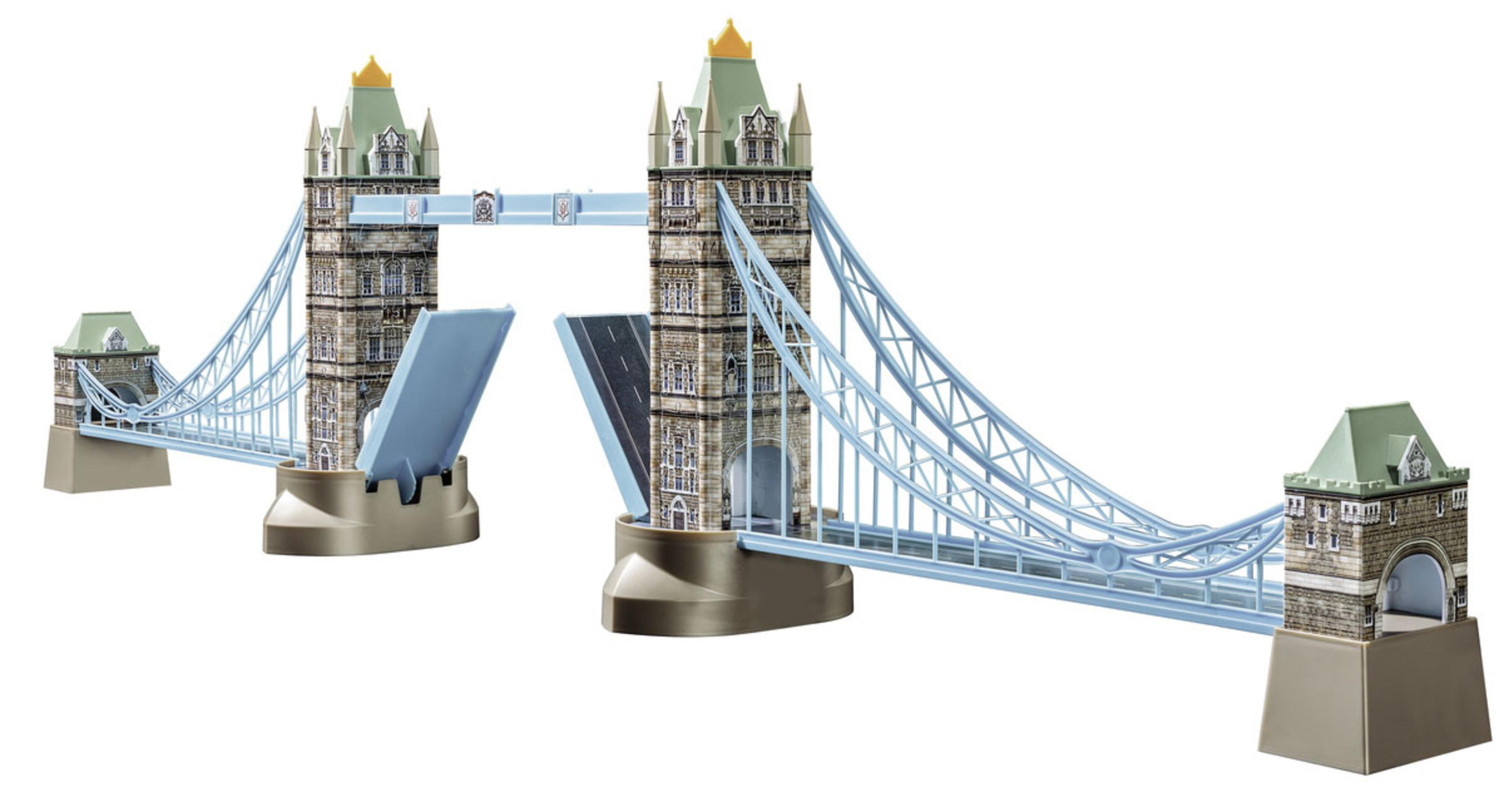 Model Tower Bridge z otwartym zwodzonym mostem. Szare i niebieskie kolory. Białe tło.