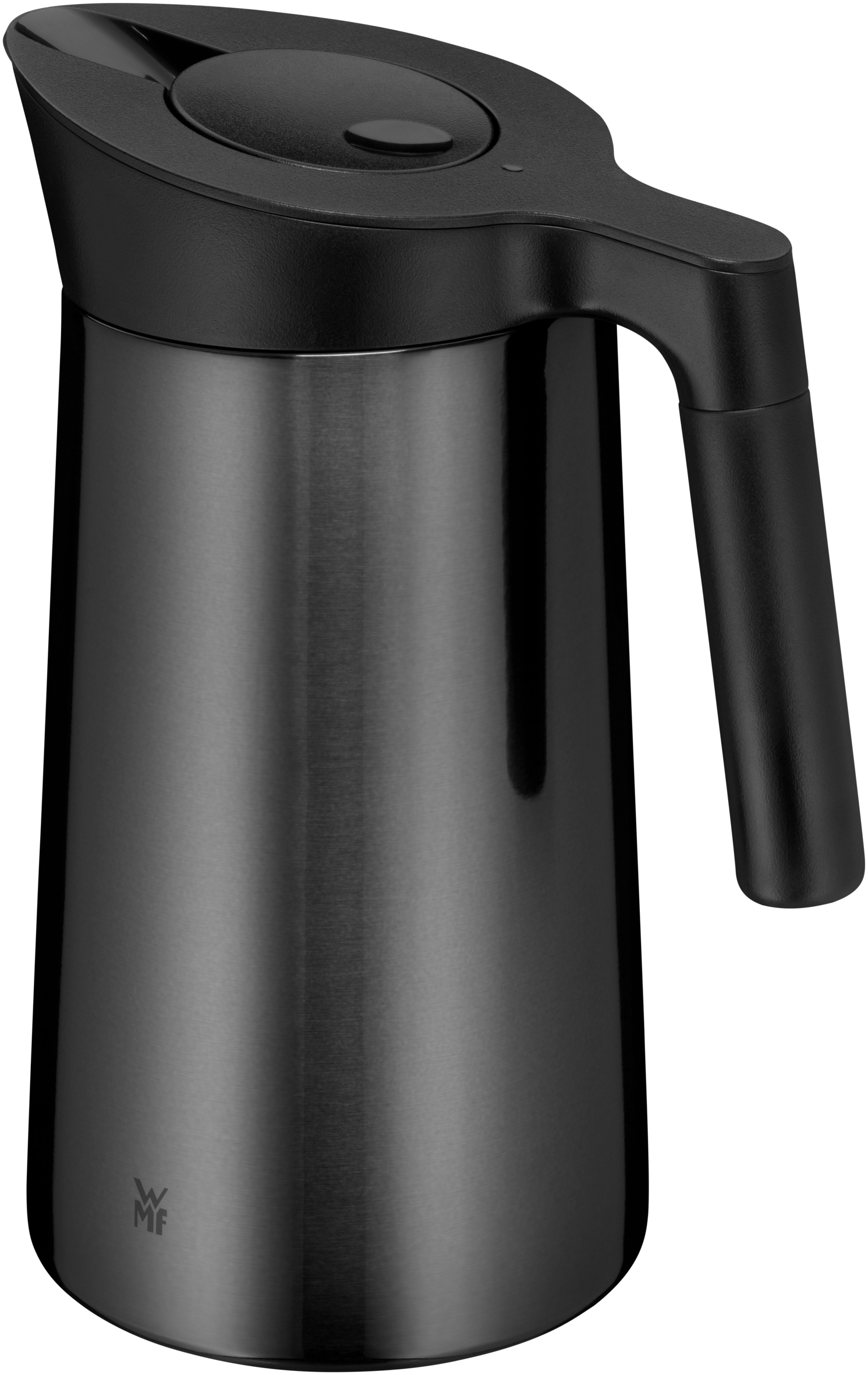 Schwarze, isolierte Karaffe mit schwarzem Griff und Deckel. Es hat einen schwarzen Ausguss und ein kleines Logo.