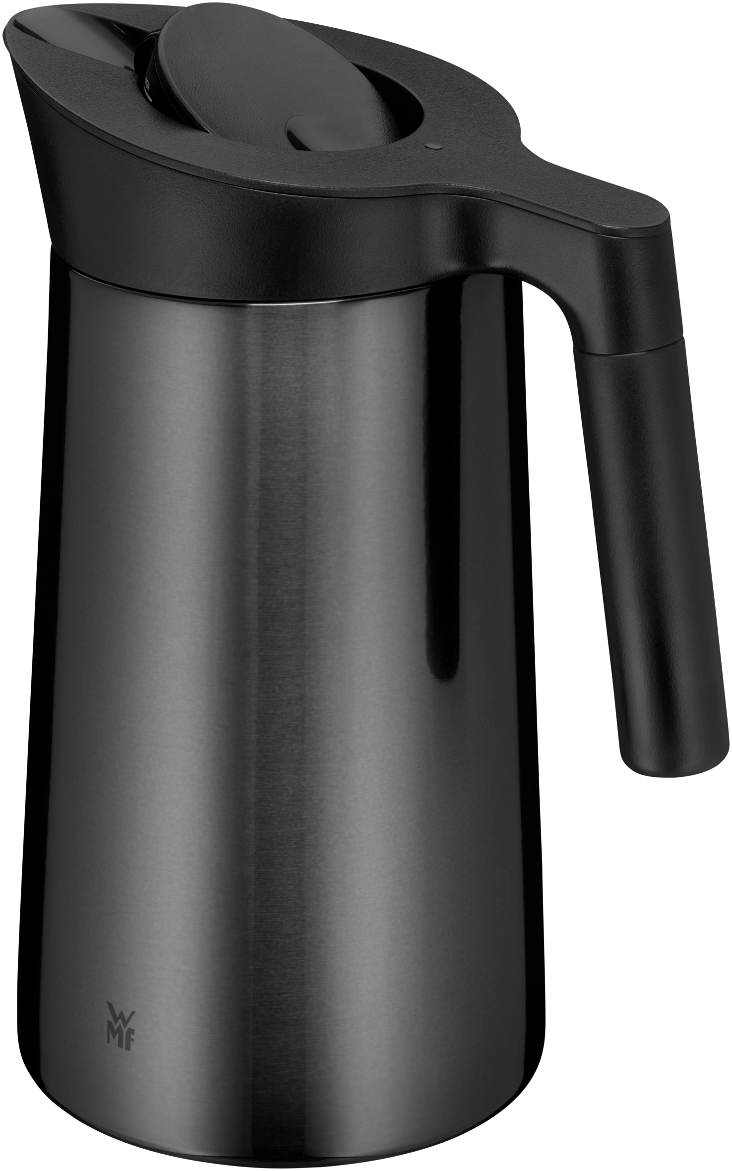 Eine schwarze, zylindrische Edelstahl-Thermoskanne. Sie hat einen Griff und einen schwarzen Deckel mit Ausguss.