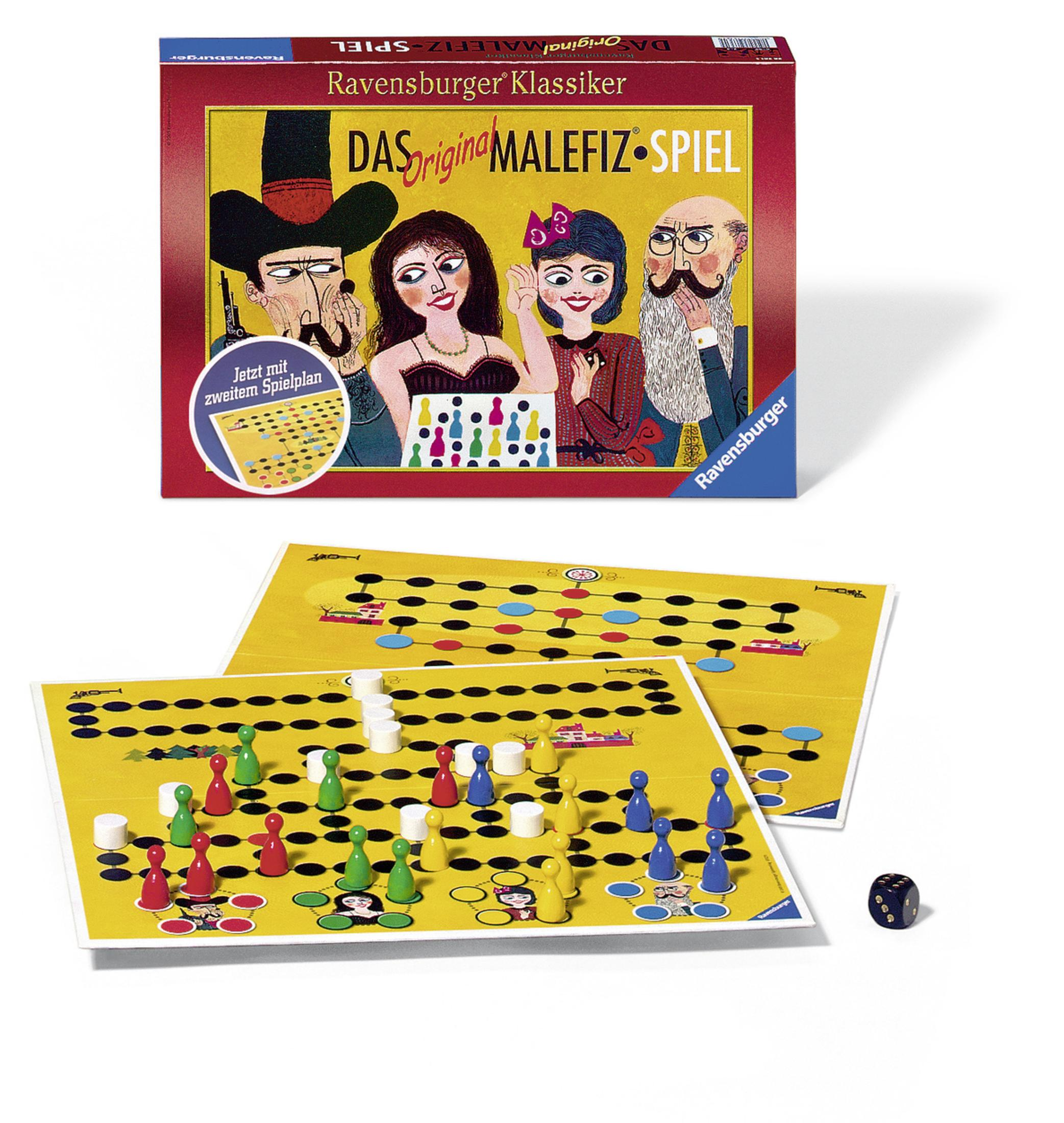 Ein Brettspielkarton und zwei Spielbretter mit Spielfiguren und Würfeln. Die Schachtel zeigt Comicfiguren.