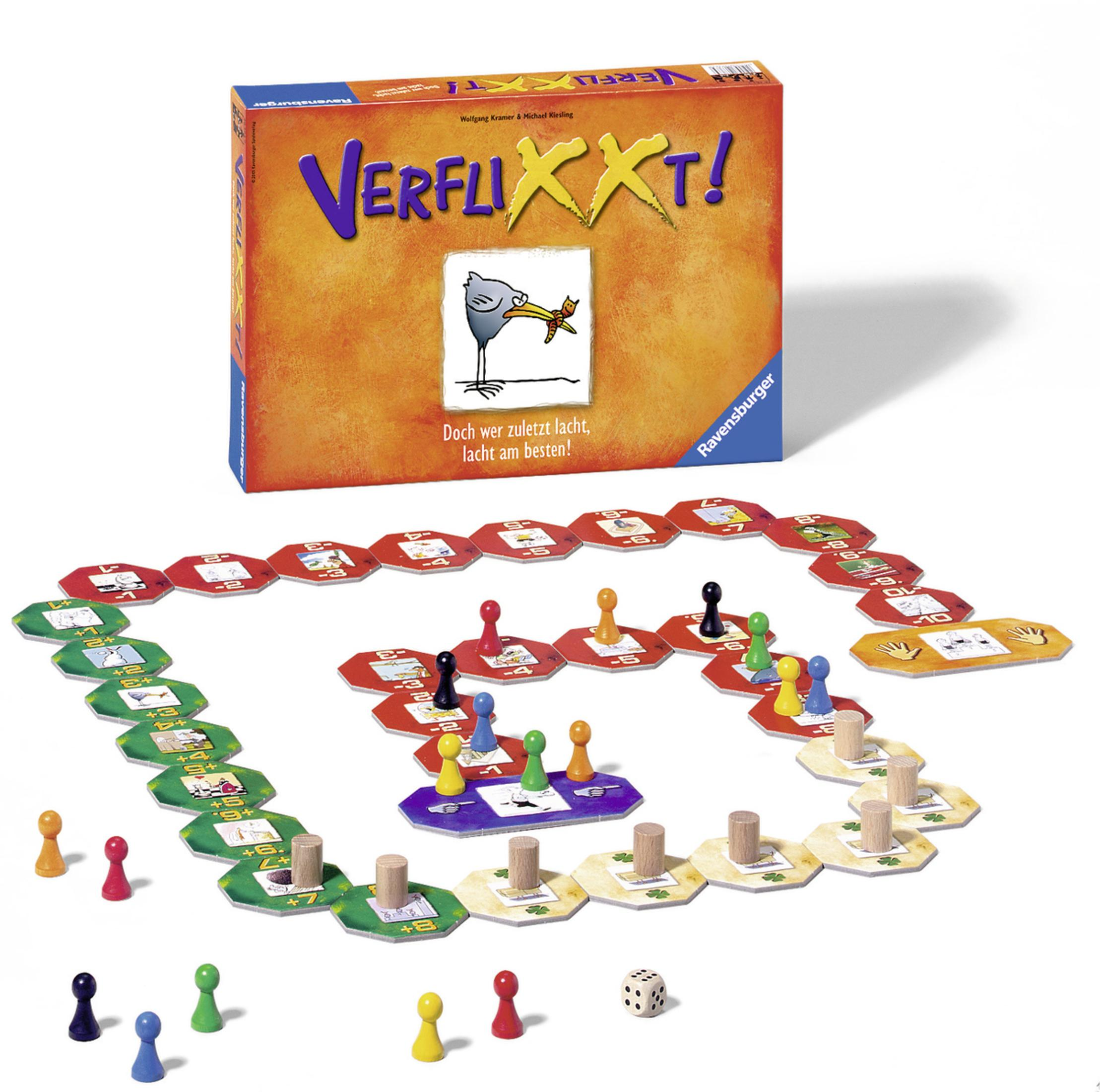 Brettspiel mit Box, Spielbrett und Spielsteinen. Das Spielbrett ist eine Spirale mit Farbkacheln. Würfel und Figuren.