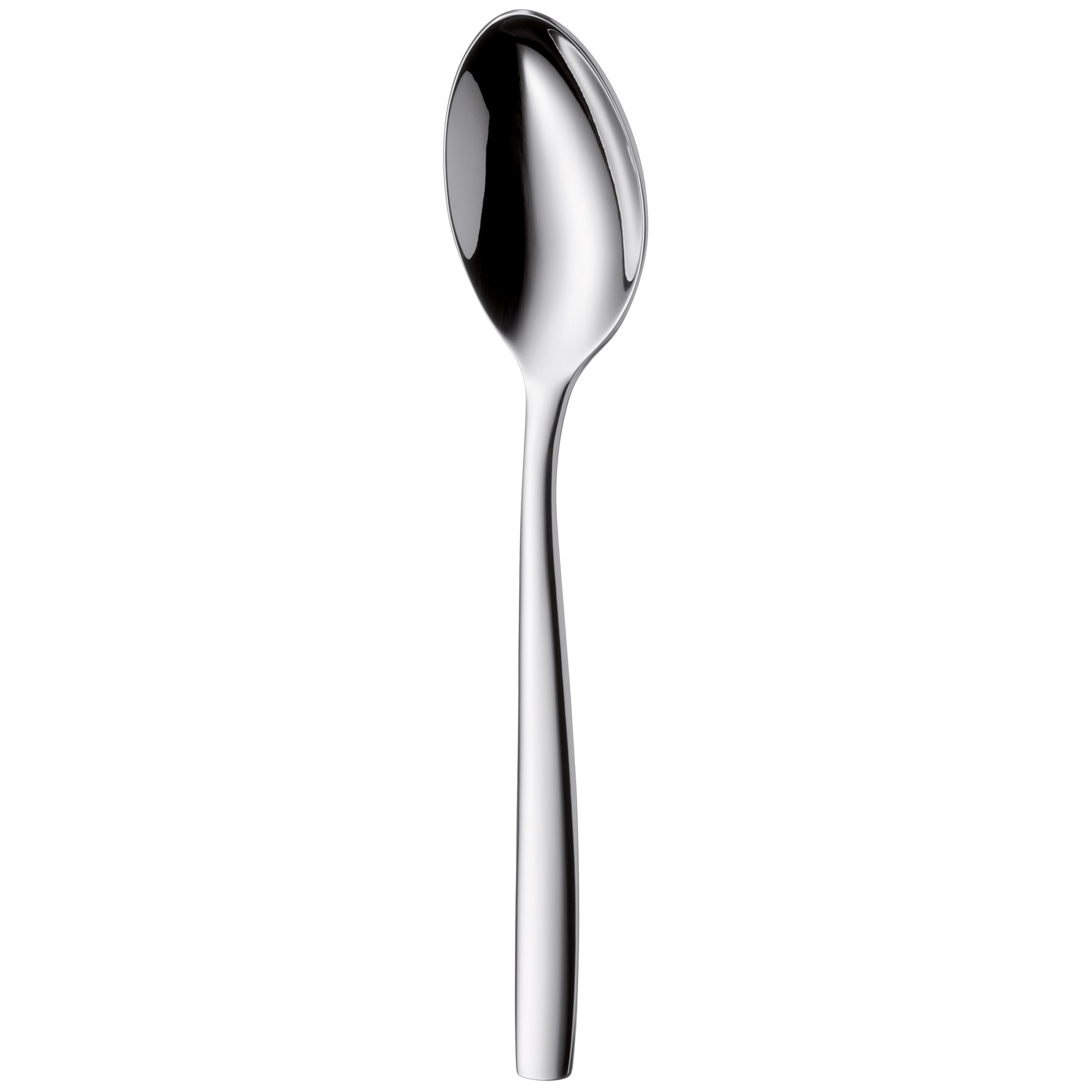 Silberner Löffel auf weißem Hintergrund. Glänzendes Metall, ovale Form.