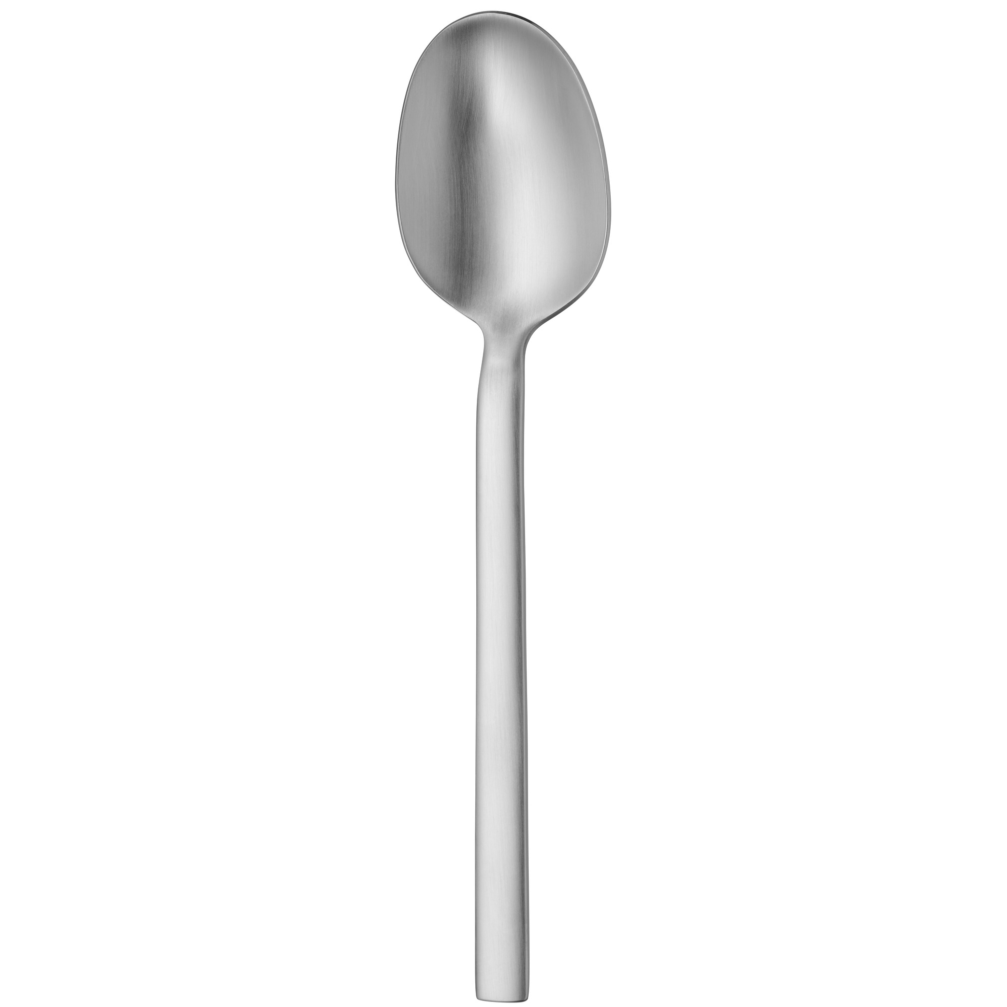 Silberner Löffel. Der Löffel steht vor weißem Hintergrund, einfaches Design.