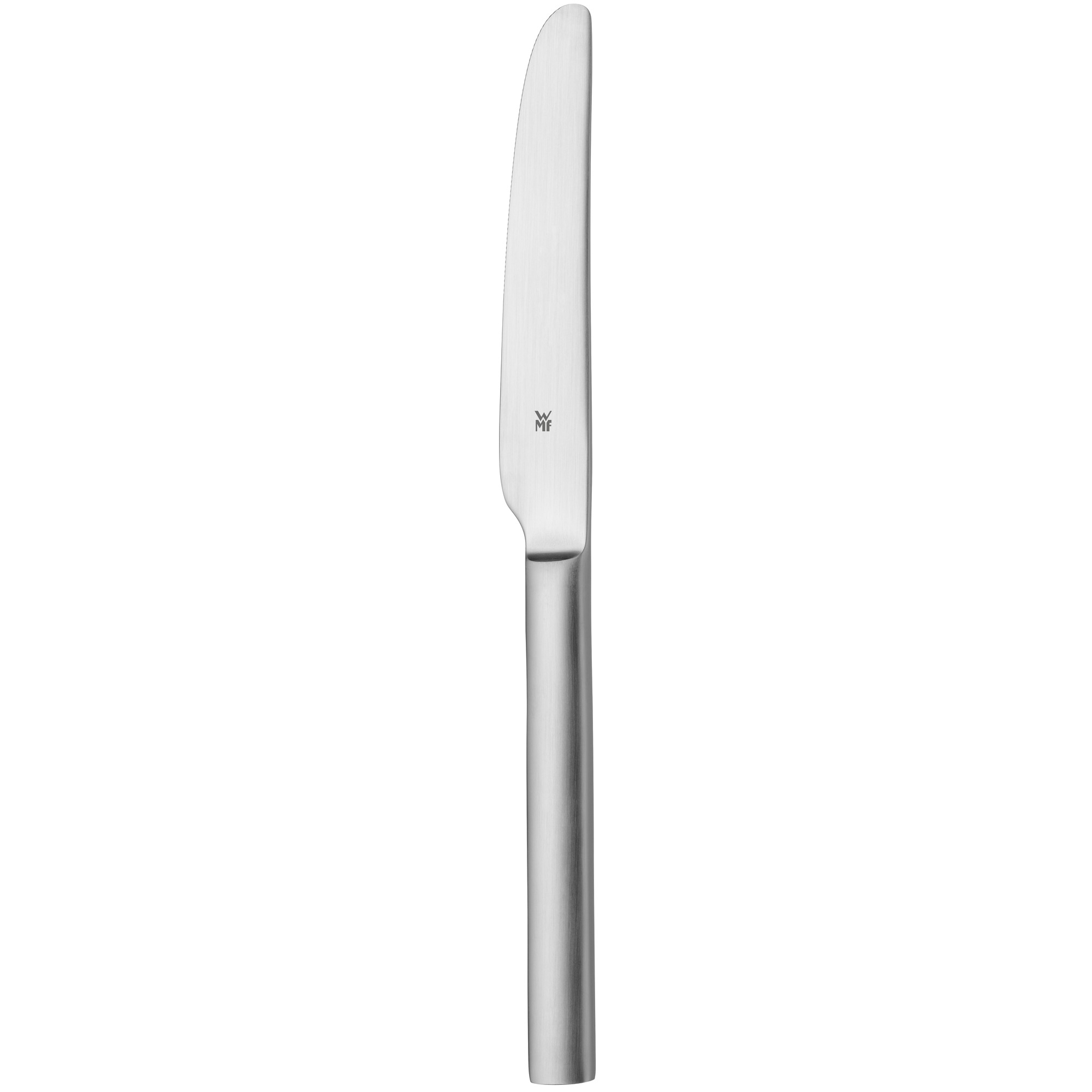 Messer aus Edelstahl mit abgerundeter Spitze und zylindrischem Griff, vor weißem Hintergrund.
