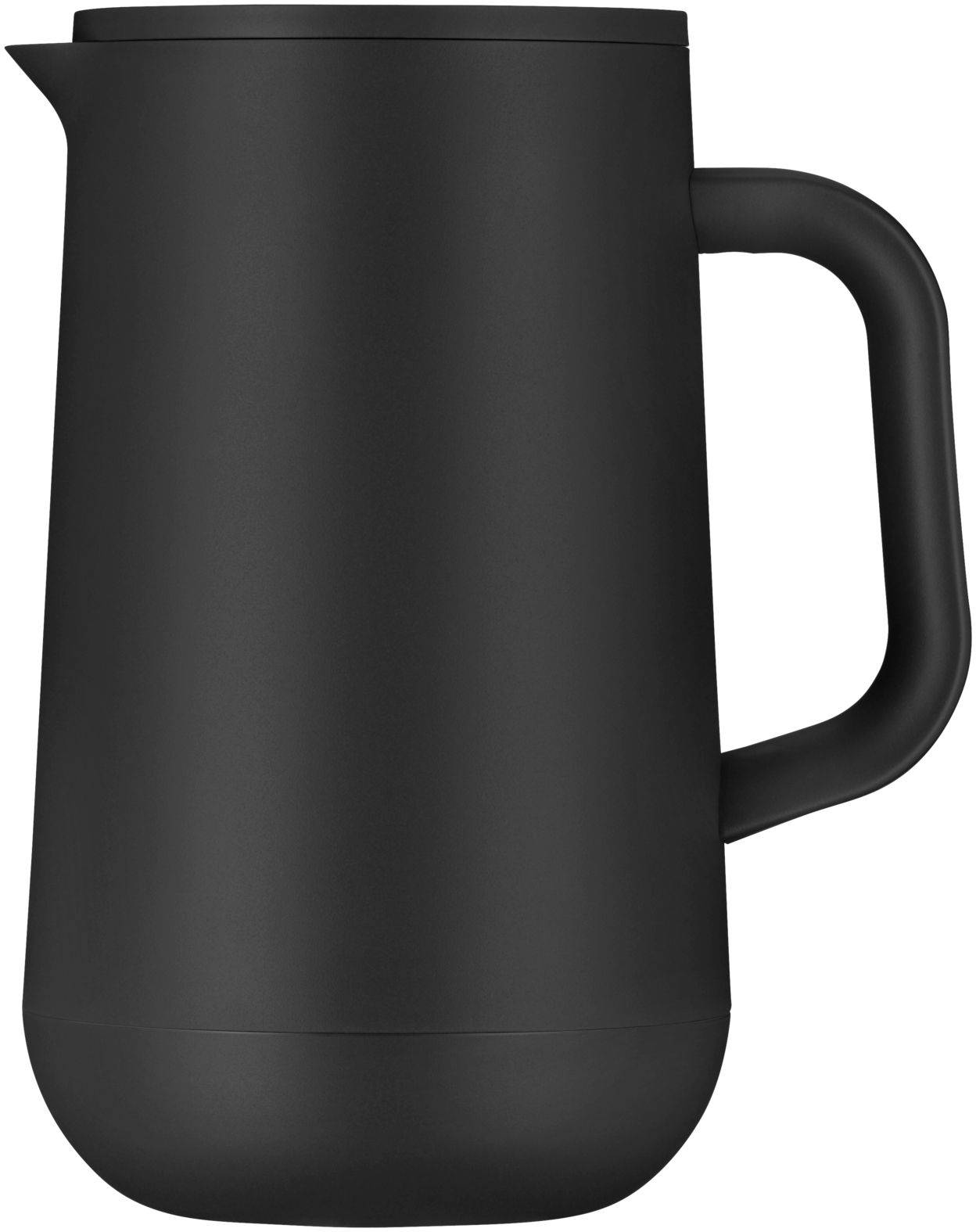 Une carafe à café noire, haute et isolée, avec une poignée incurvée et un couvercle.