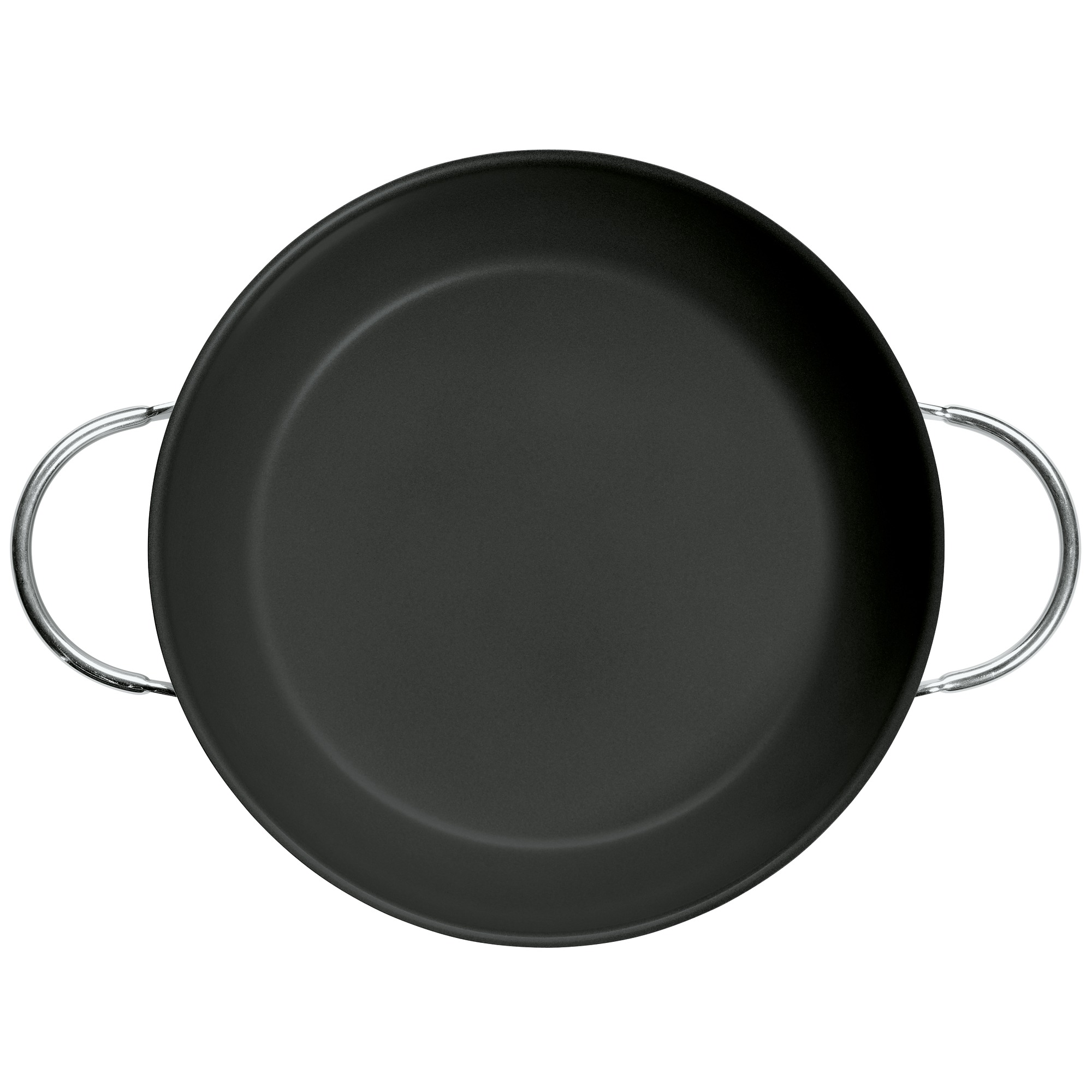 Draufsicht auf eine schwarze, runde Bratpfanne mit zwei silbernen Griffen.