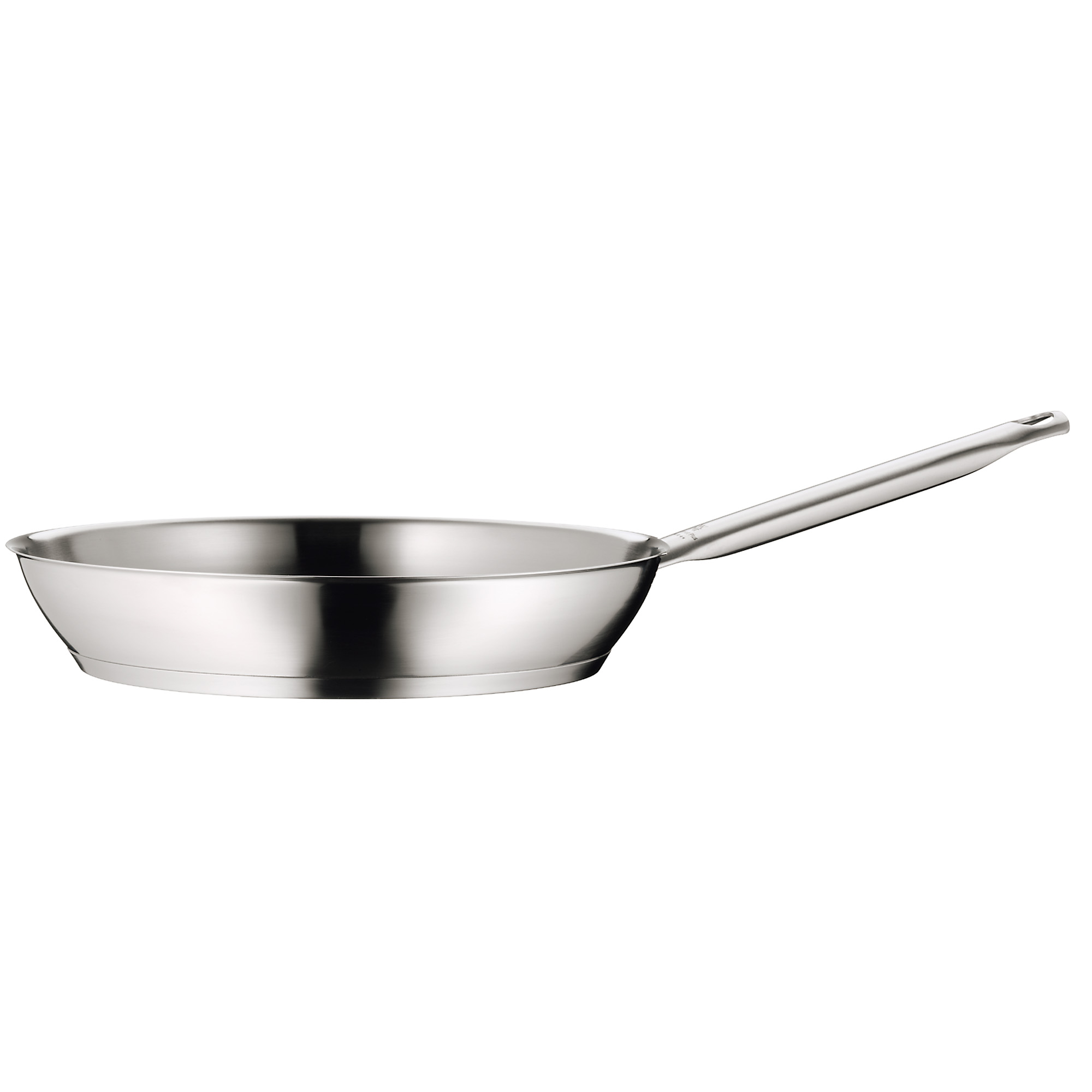 Edelstahl-Bratpfanne mit langem Griff. Die Pfanne ist leer und glänzend.
