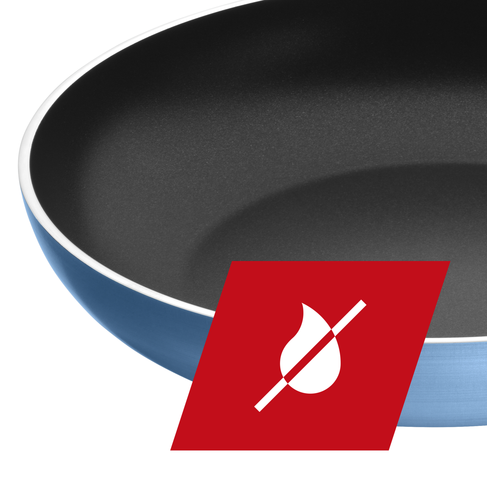 Blaue Bratpfanne mit rotem Flammenverbot-Symbol.