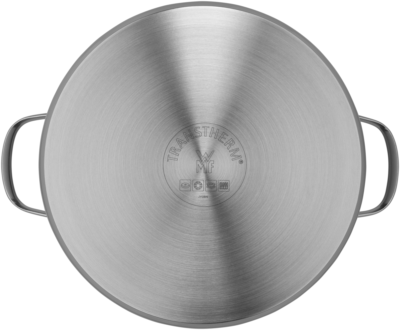 Edelstahl-Topf mit zwei Griffen, von unten gesehen mit dem TransTherm-Logo.