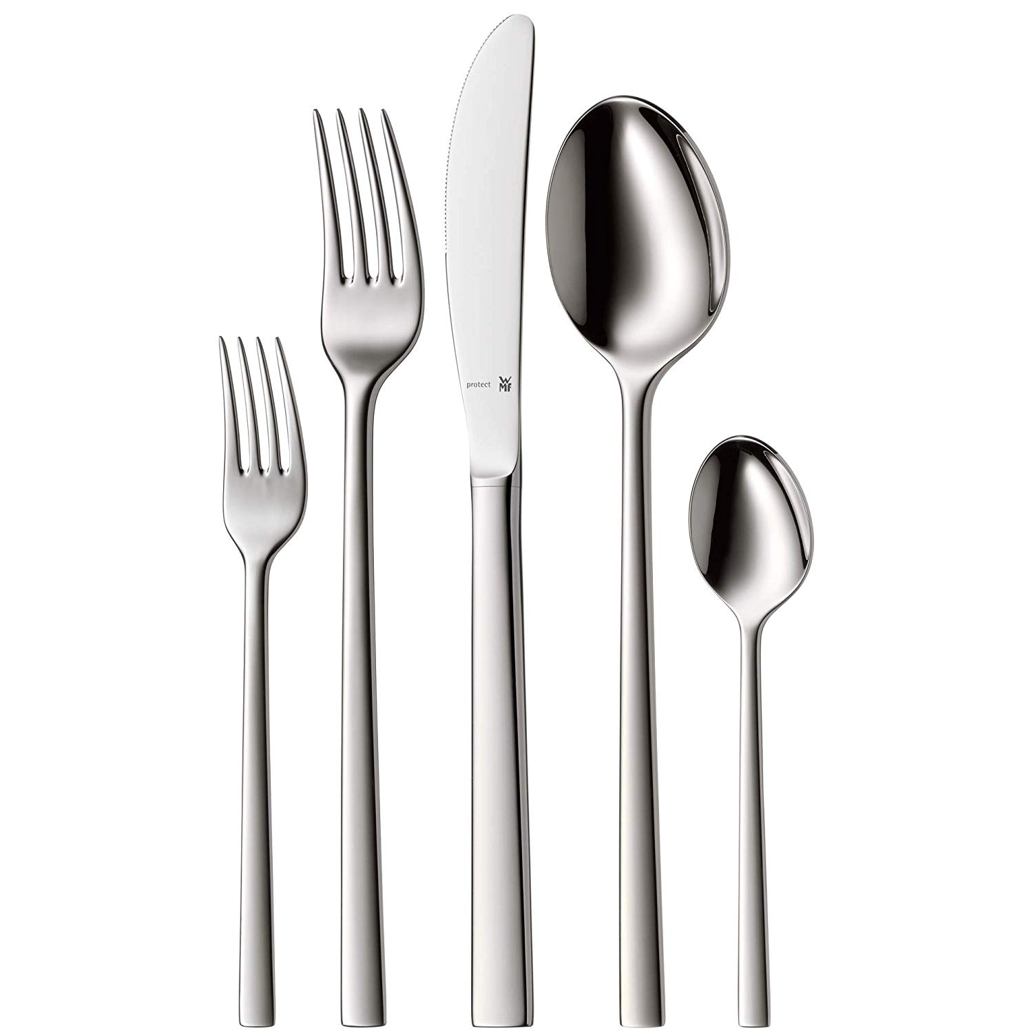 Ein Besteckset aus Edelstahl mit zwei Gabeln, einem Messer und zwei Löffeln.