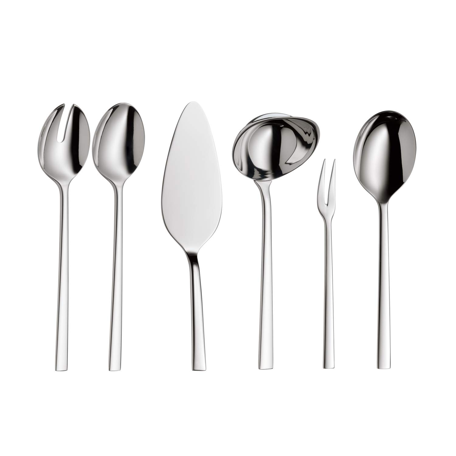 Eine Sammlung von Servierutensilien aus Edelstahl: Salatgabel und -löffel, Tortenheber, Schöpflöffel, kleine Gabel und Löffel.