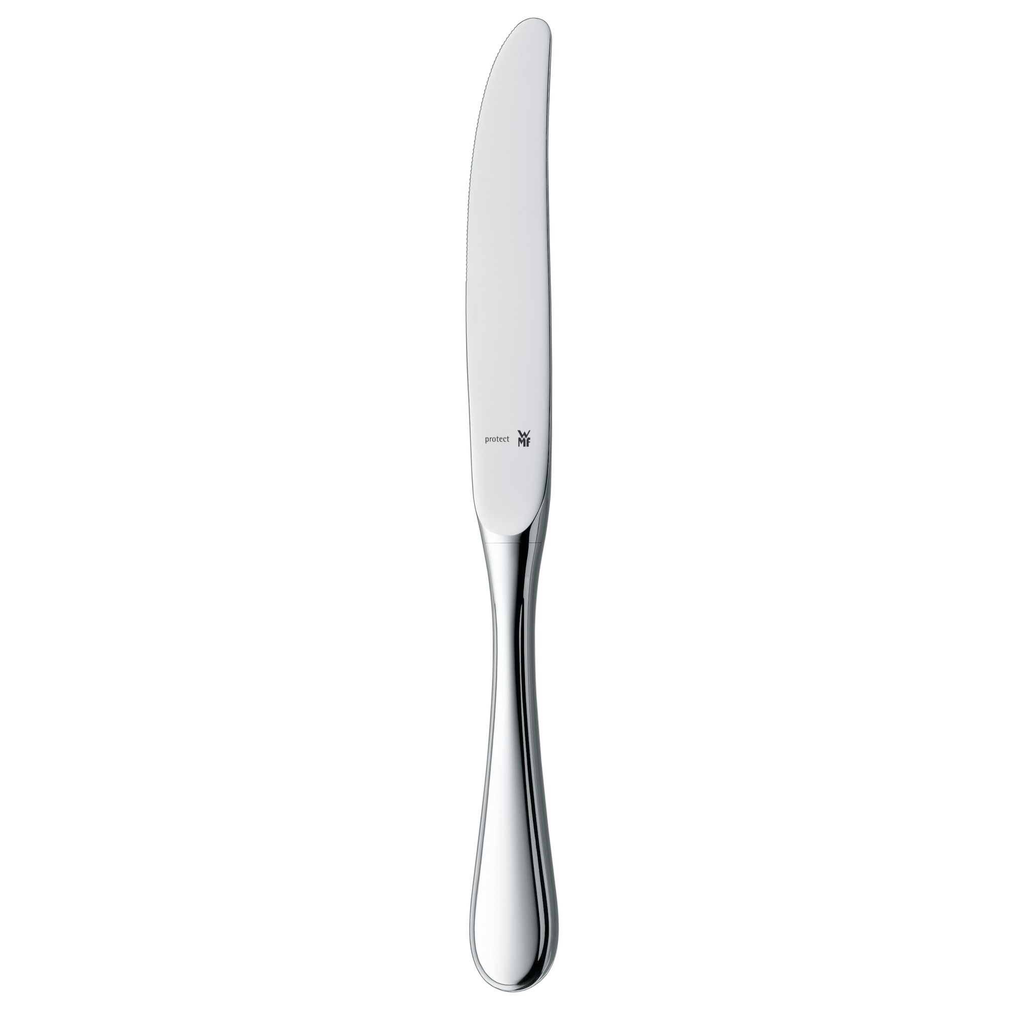 Ein silbernes Buttermesser mit gebogener Klinge und Griff. Der Griff hat eine subtile Kurve.