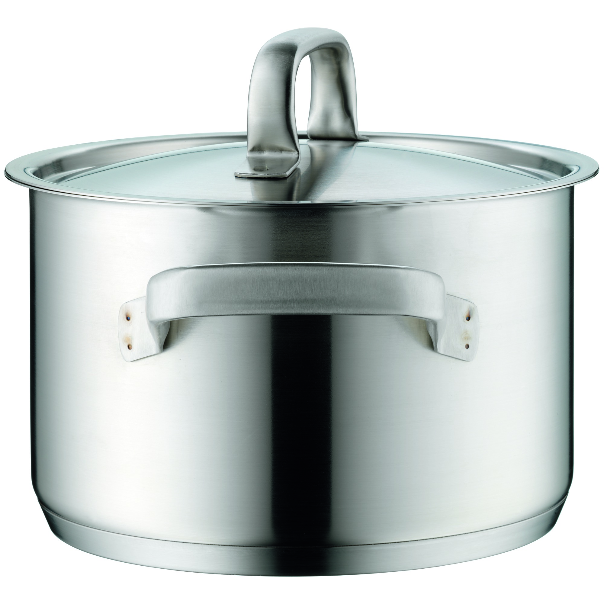 Garnek ze stali nierdzewnej z pokrywką i uchwytem. Białe tło.