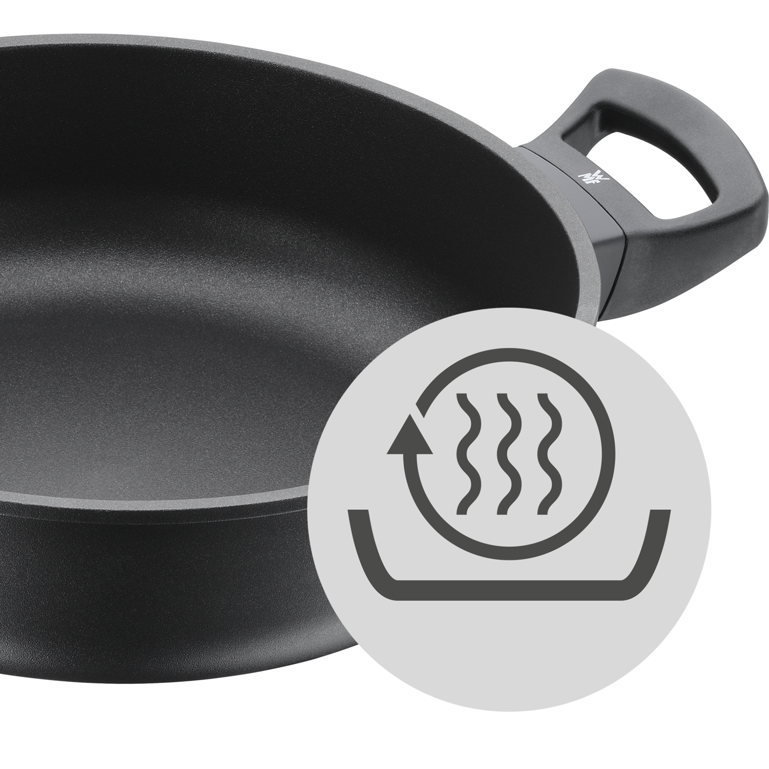 Une poêle noire avec une poignée et un graphique d'un processus de cuisson est à droite.