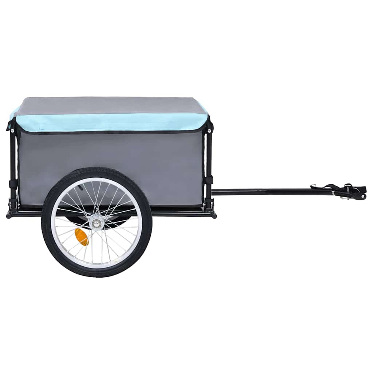 Ein grau-blauer Fahrradanhänger mit einem Rad.