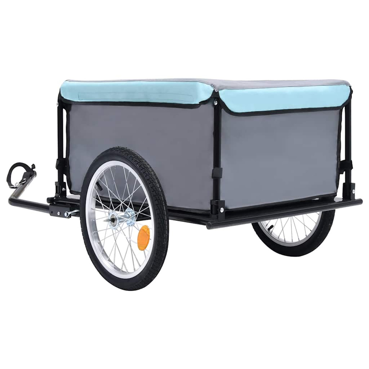 Ein grauer und blauer Cargo-Anhänger mit schwarzem Rahmen, an einem Fahrrad befestigt.