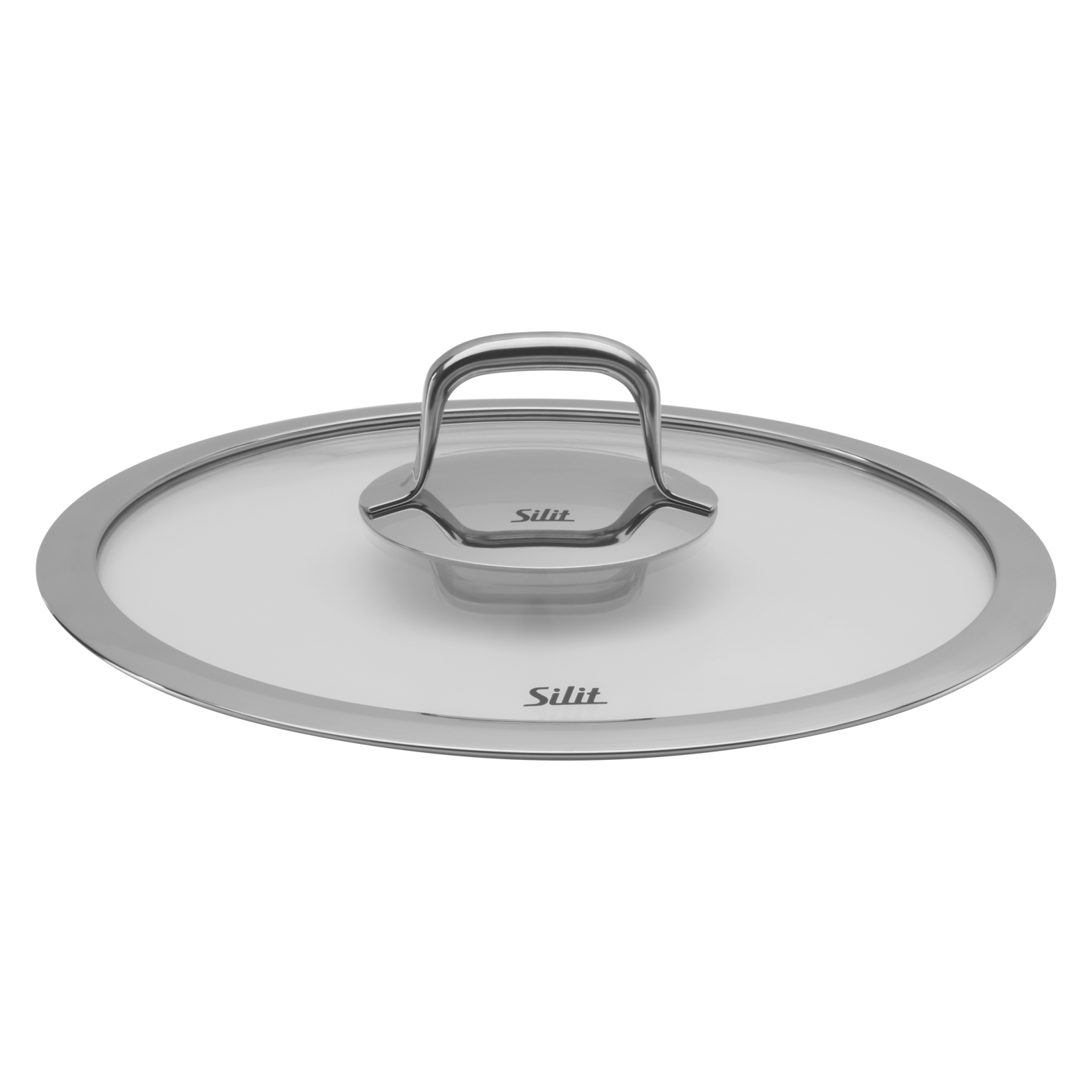 Glasdeckel mit Metallrand und Griff.