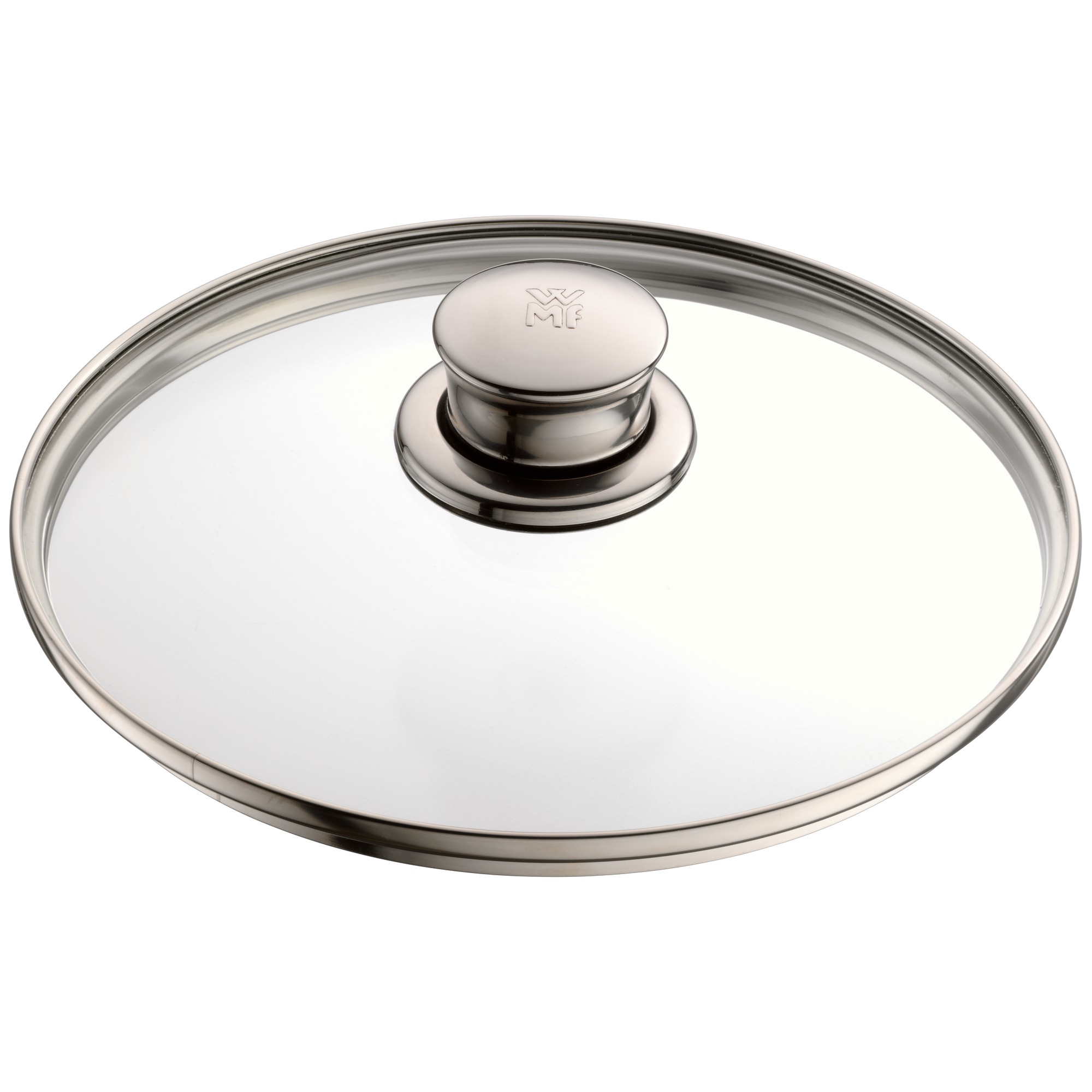 Ein Glasdeckel mit Metallrand und Griff, weißer Hintergrund.
