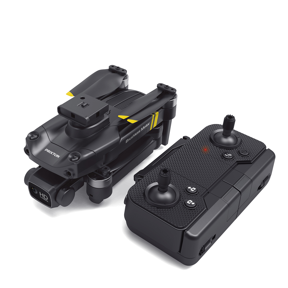 Czarny dron i pilot. Dron ze złożonymi ramionami. Żółte akcenty. Białe tło.