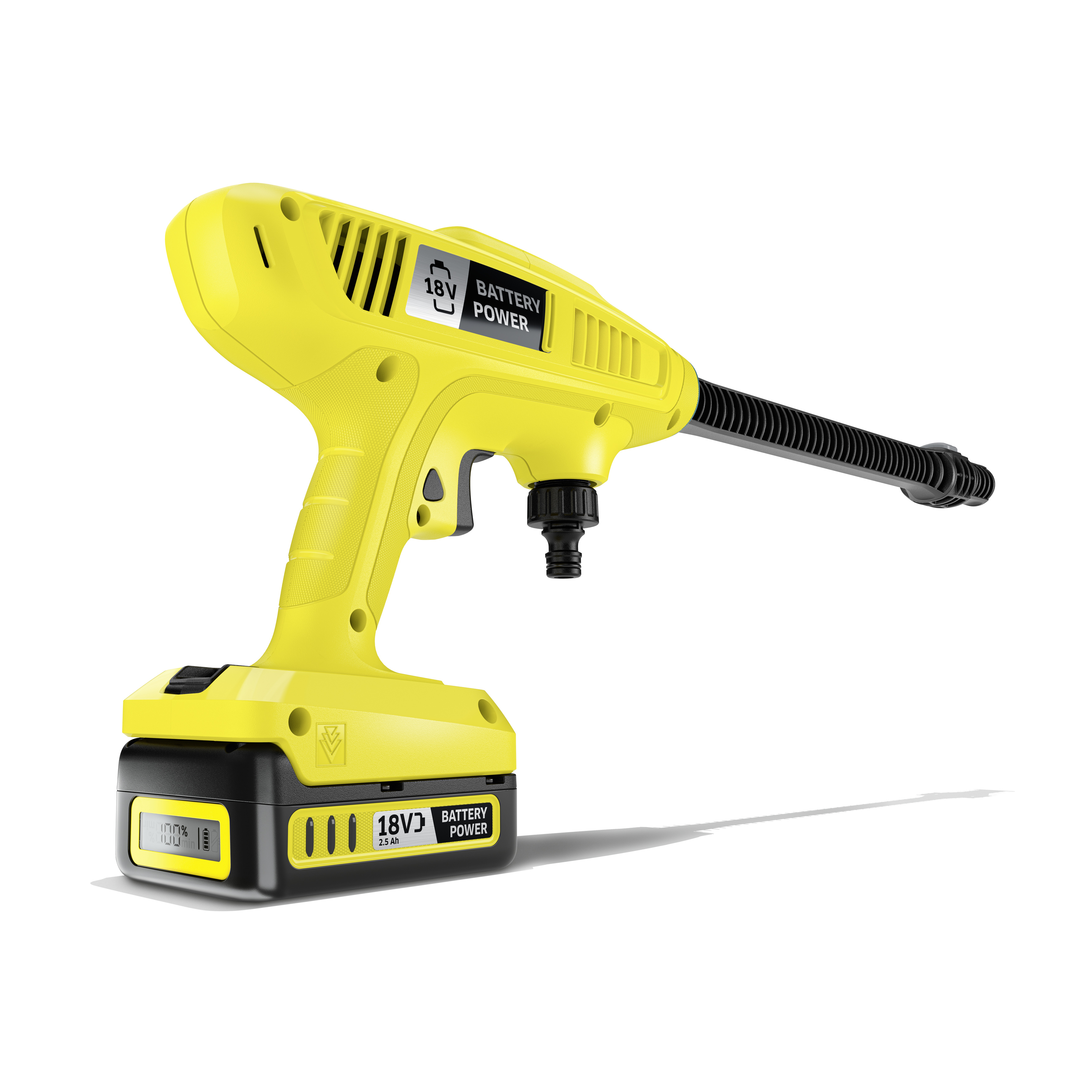 A yellow cordless pressure washer with a black handle and nozzle, on a white background.