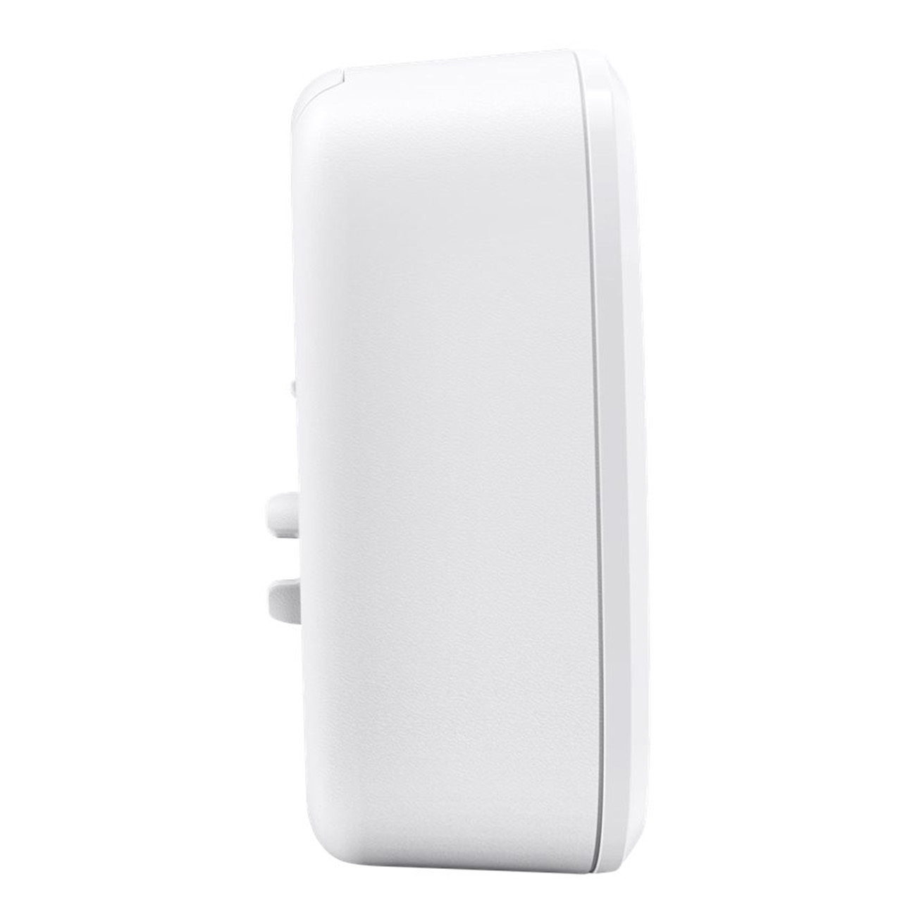 Biały adapter do gniazdka ściennego. Widok z boku pokazuje bolce, kształt jest zaokrąglony.