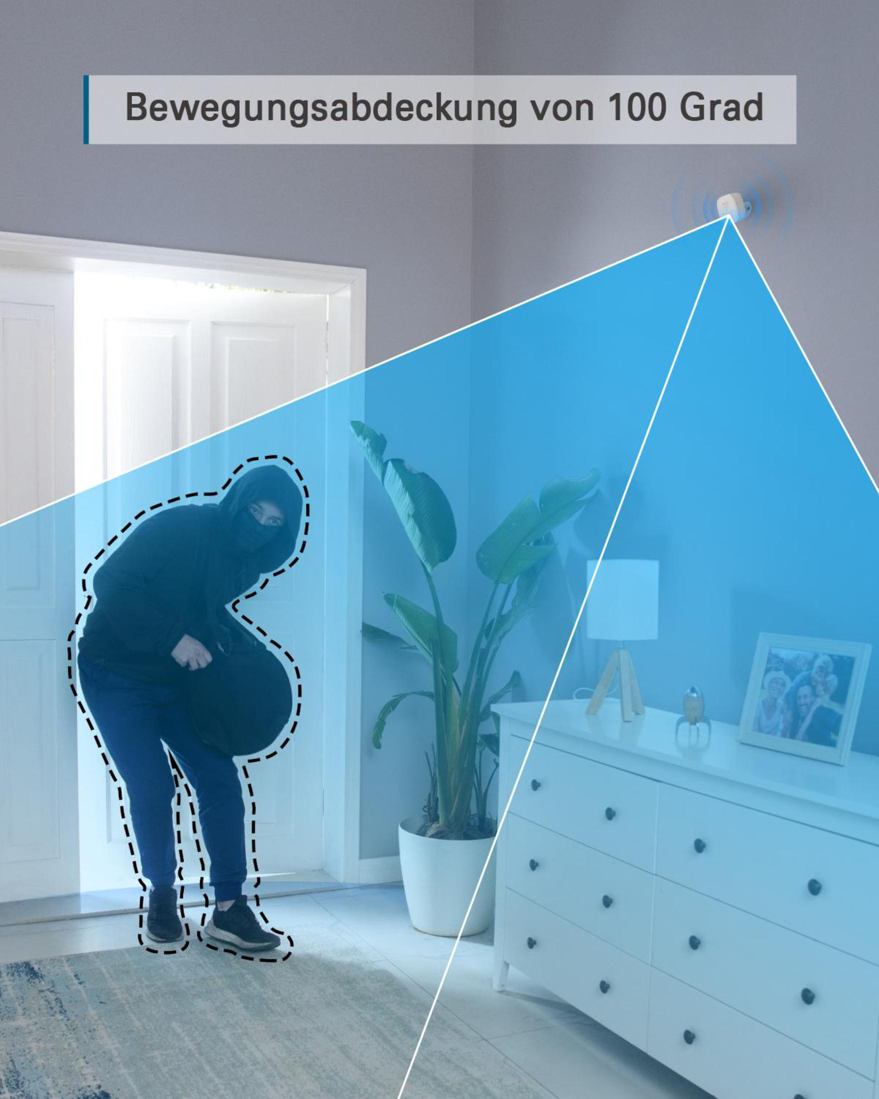 Osoba w czarnym stroju wkrada się do domu, obrysowana na niebieskim obszarze, na białym tle.