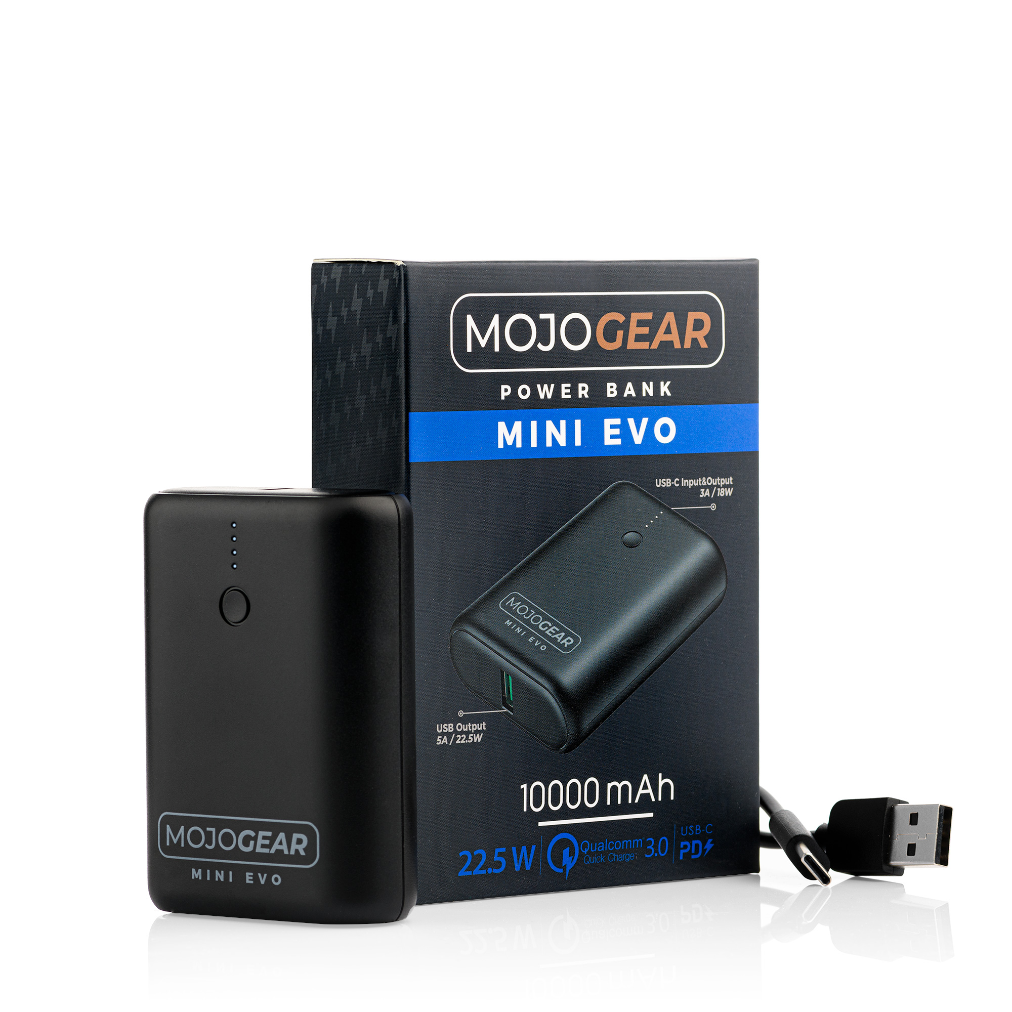 A black power bank and box. The power bank is black. The box has MOJOGEAR MINI EVO written on it.