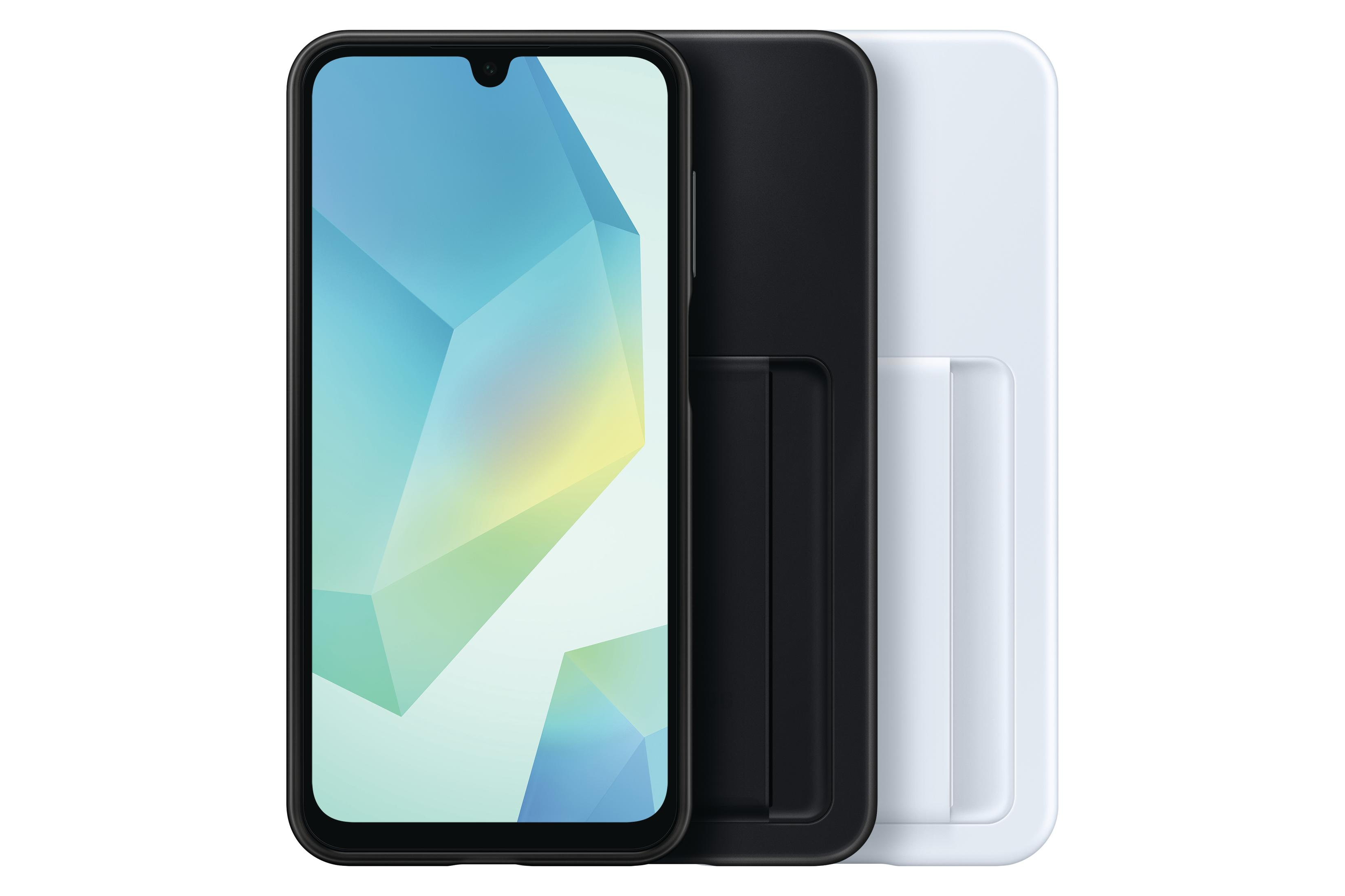Smartphone met een kleurrijke geometrische achtergrond, zwart frame en witte standaard.
