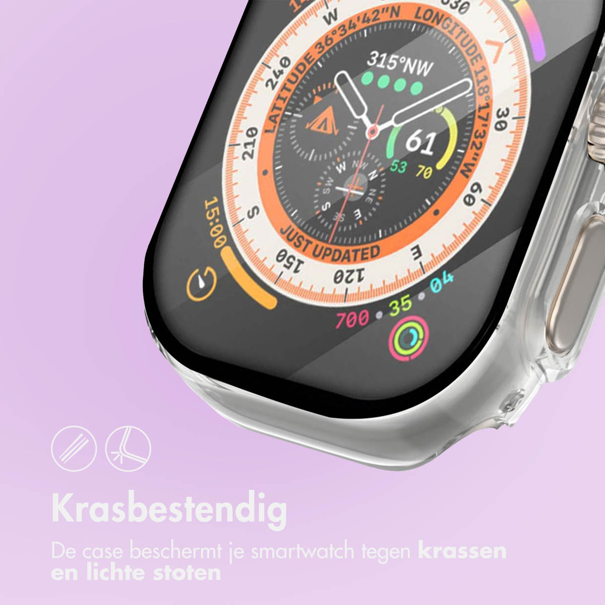 Close up of a smartwatch showing the time and other data, in a clear case.