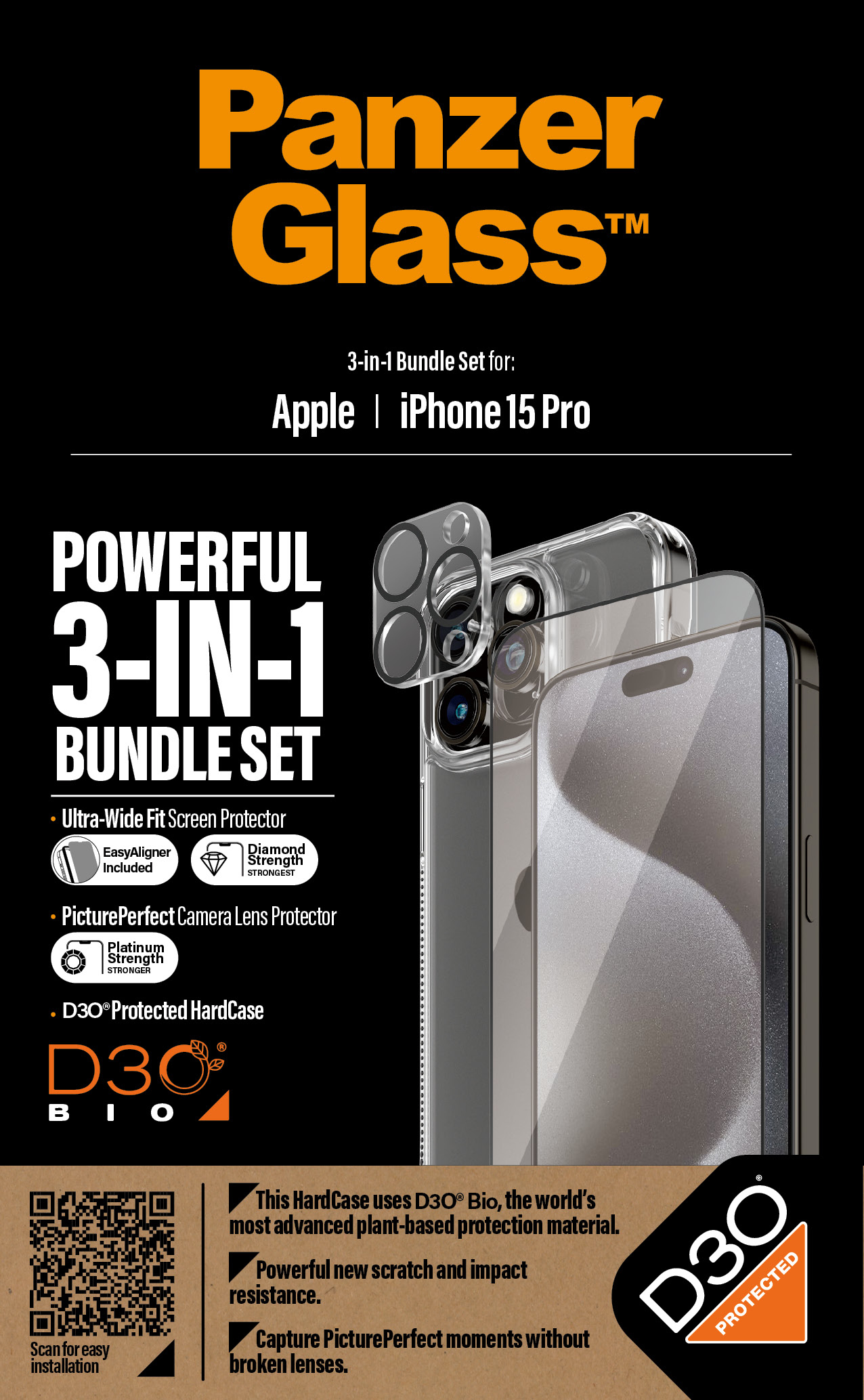 Confezione per un bundle di protezione schermo 3 in 1 per iPhone 15 Pro, con telefono e protezioni.