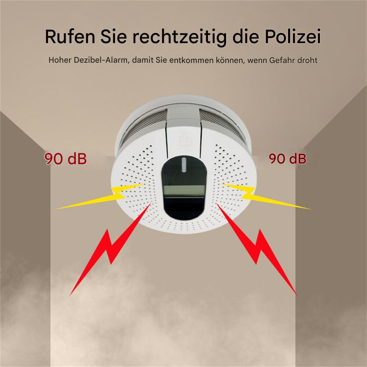 Ein weißer Rauchmelder mit roten Blitzen und einer roten Grafik daneben.