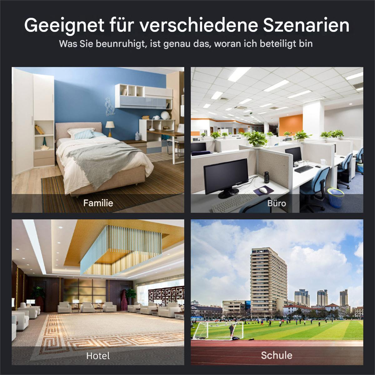 Collage von vier Bildern: Schlafzimmer, Büro, Hotellobby und Schule, die verschiedene Szenarien zeigen.